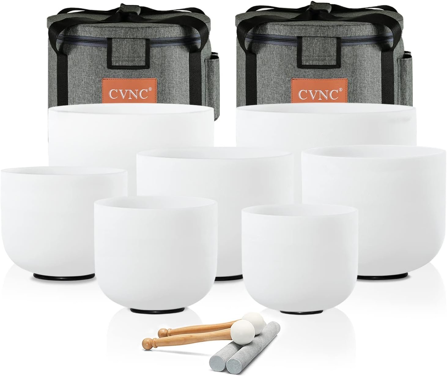 CVNC 432HZ 6-12 Inch Set Of 7 PCS Crystal Singing Bowls Frosted White | Chakra Quartz Sound Bowls for Sound Healing Meditation & Yoga with 2 PCS Travel Carry Case Bag and Mallets