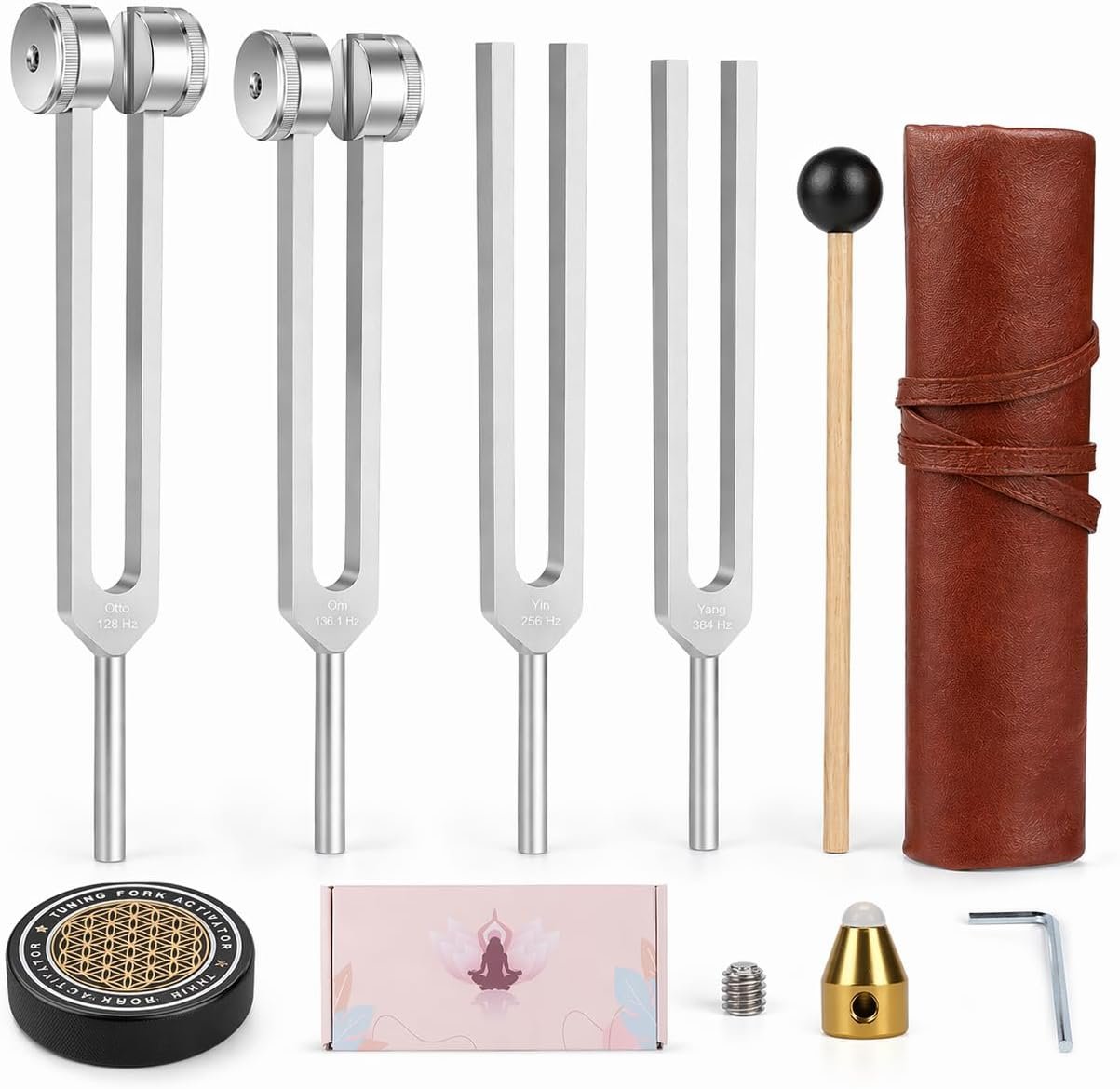 Tuning Forks for Healing Set with Step-by-Step Beginner Guide, 4 PCS | 128Hz 136.1Hz OM 256Hz 384Hz aluminum sound therapy kit, meditation, yoga, reiki – mallet, activator & storage pouch