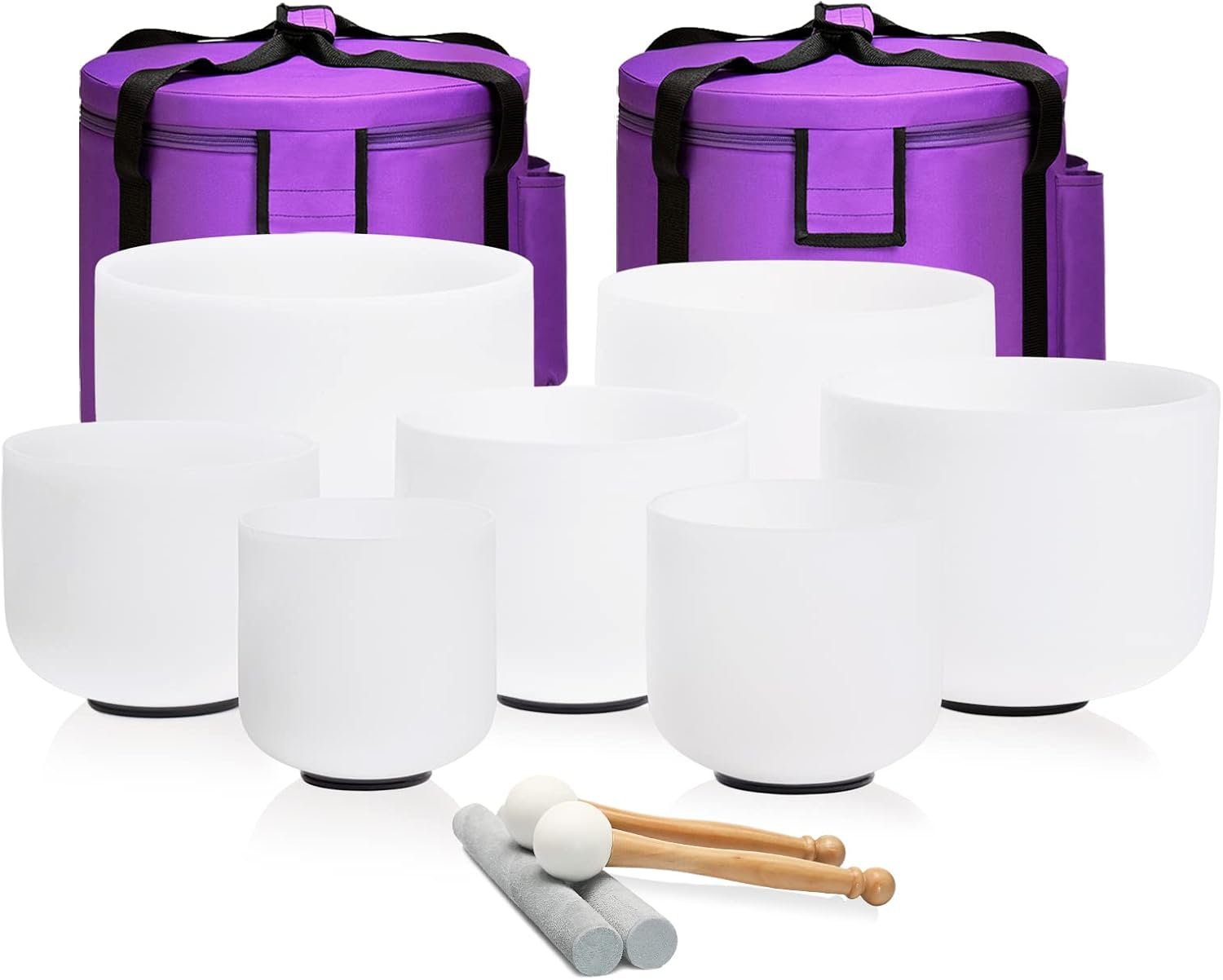 CVNC 440HZ 6-12 inch Set of 7 Frosted Chakra Quartz Crystal Singing Bowls | Sound Meditation,Mindfulness,Relaxation, Includes 2 Case Bags and Rubber Mallets