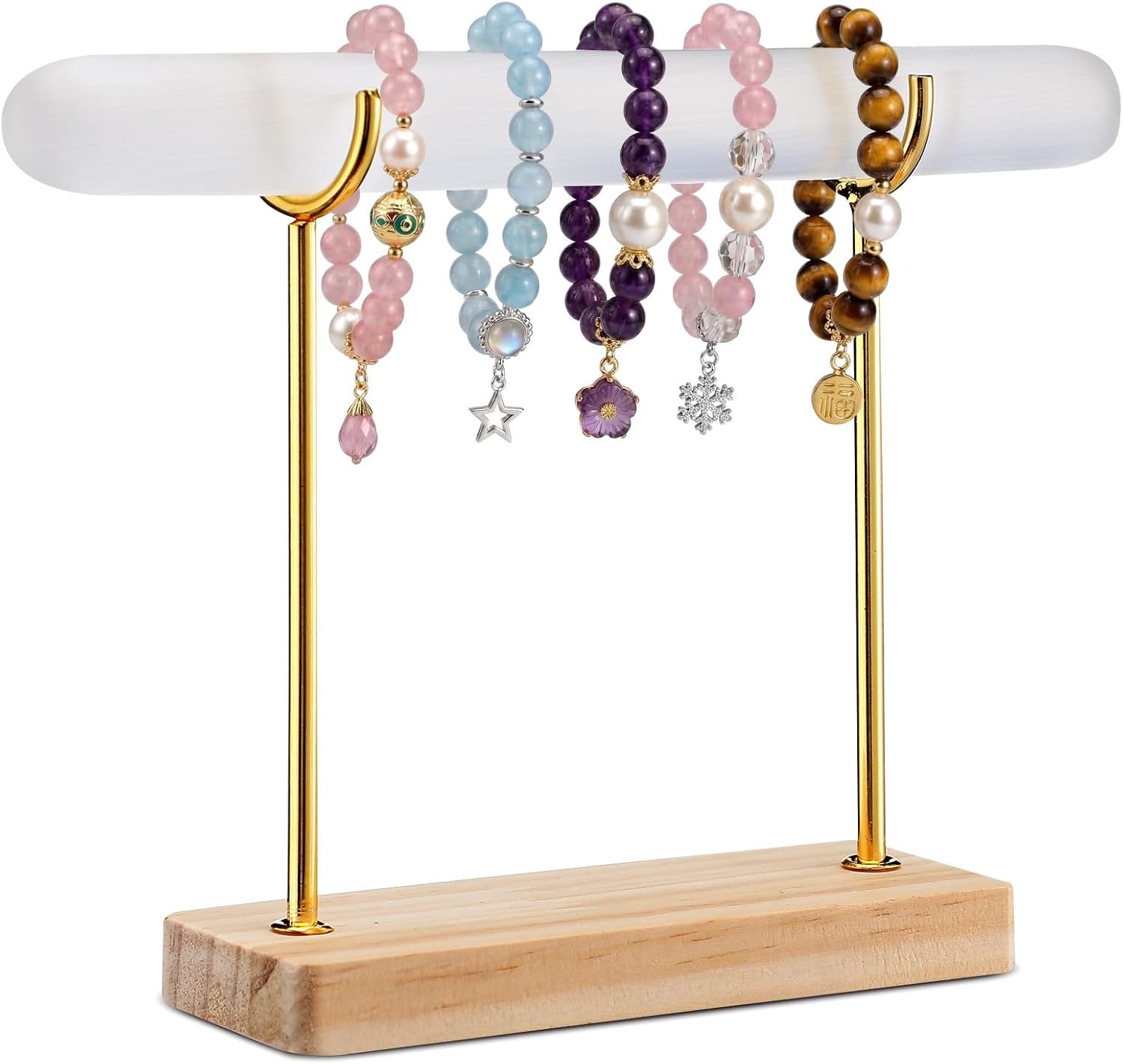 RattanView Selenite Bracelet Holder Display Stand Crystal Healing Goth Bracelet Display Stand Detachable Jewelry Wrap Watch Organizer Holder with Wooden Base for Bangles Charging Clean(1 Tier)