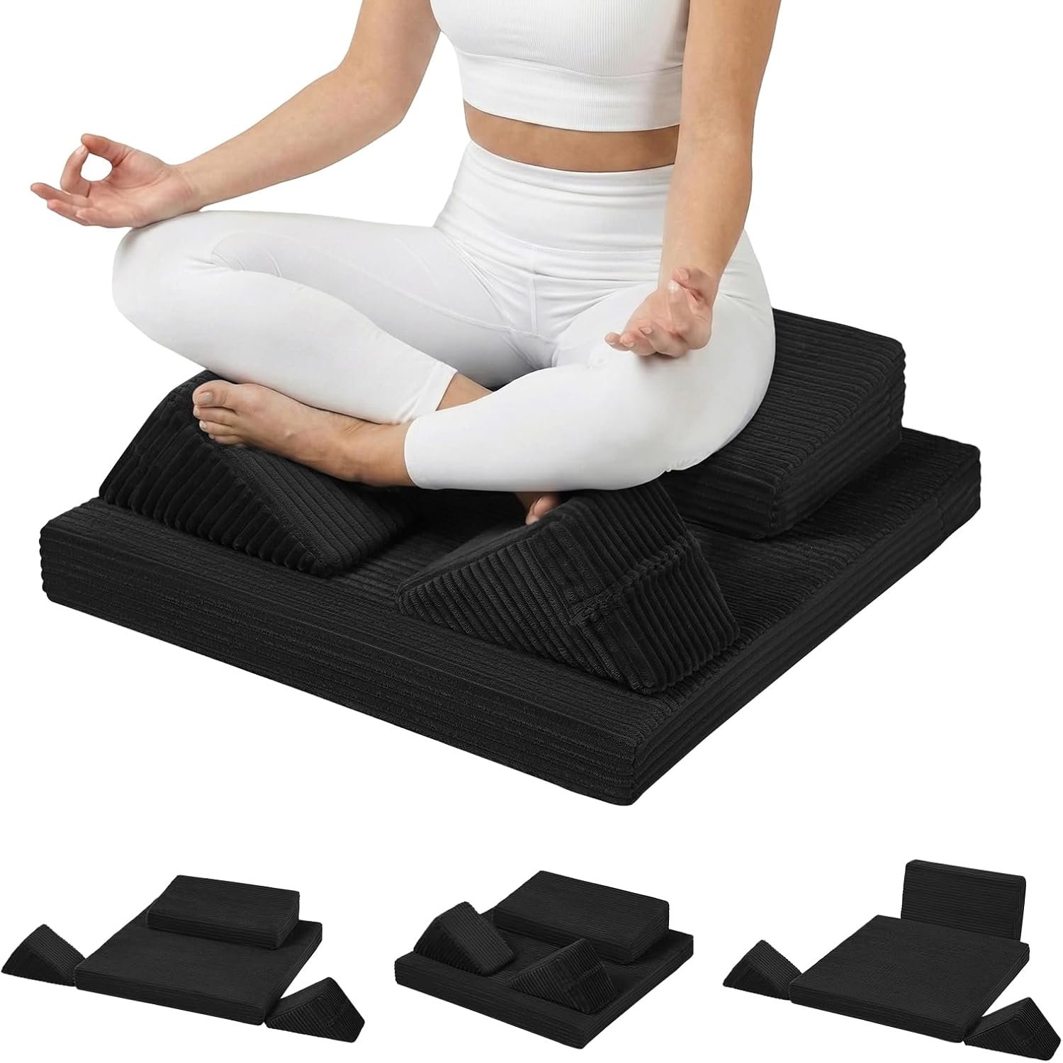 Meditation Cushion Set, Meditation Mat Floor Pillow, 3 Shapes | Meditation Pillow for Adults with 2 Knee Cushions Hip Support, Yoga Pillow for Sitting on Floor, Black