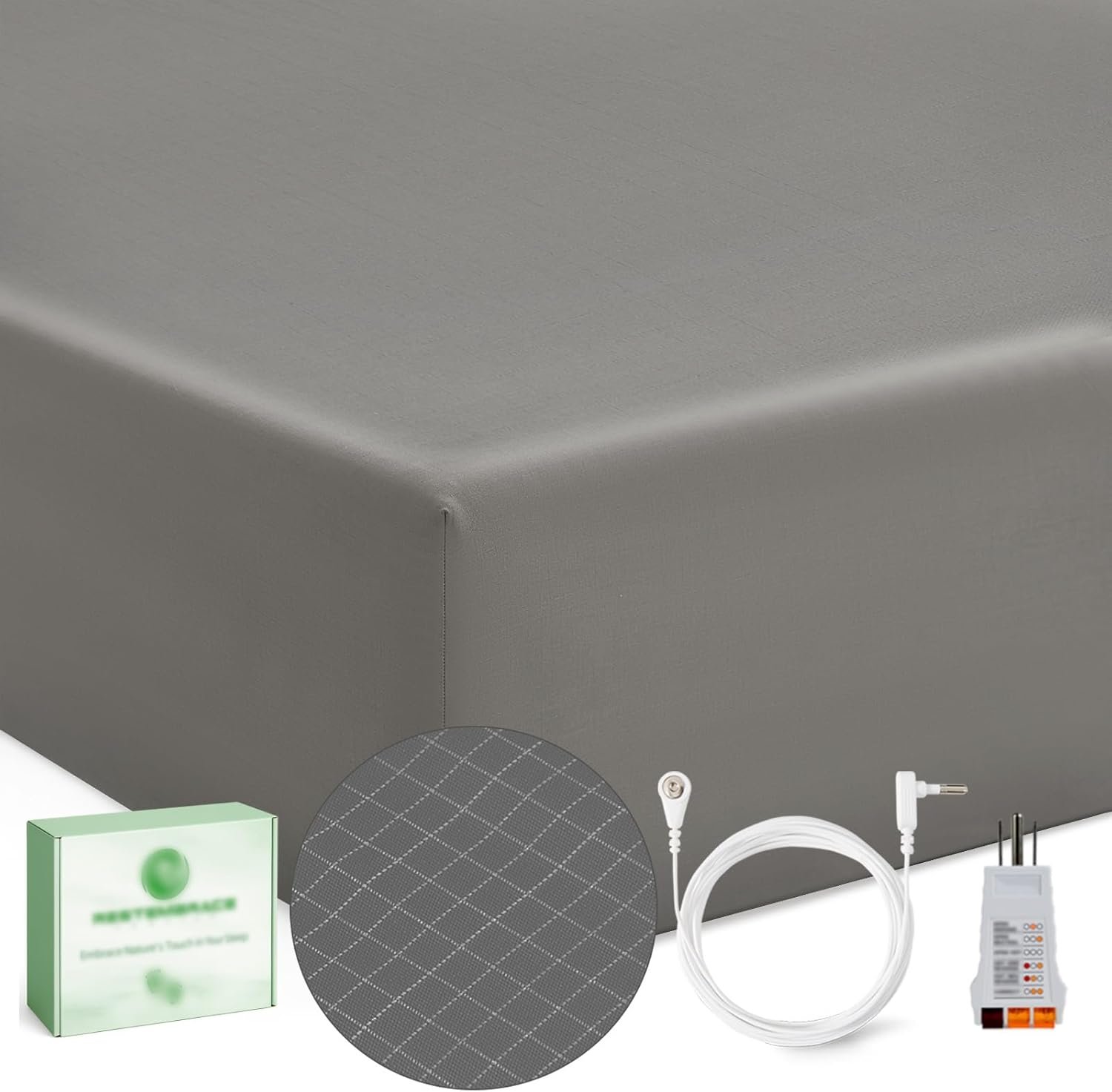 Grounding Sheets King with Outlet Tester and Grounding Cord Grounded Bed Sheet for Bedding and Bed Gray Color King Size