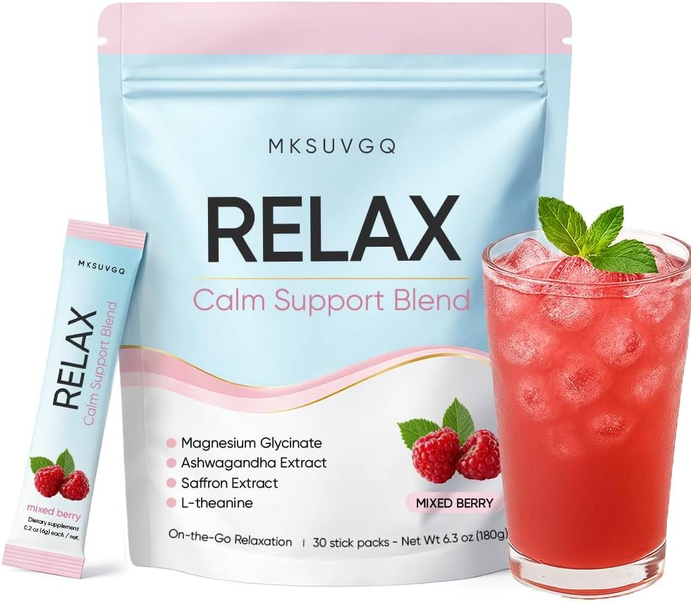 Relax Calming Drink Mix, Adaptogenic Stress Relief & Relaxation Powder with Ashwagandha & L-Theanine | Mixed Berry Flavors, No Sugar, 30 Stick Packs