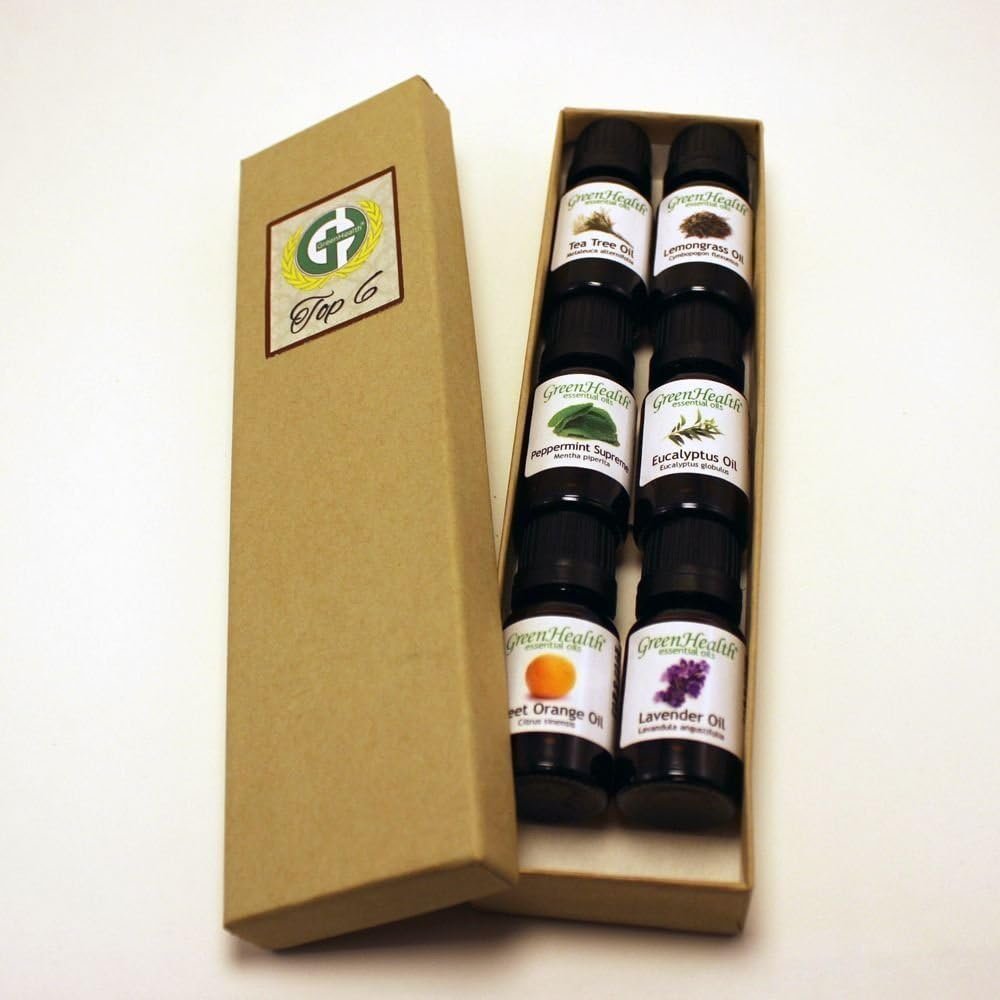 GreenHealth Top 6 Essential Oil Gift Set – 100% Pure Therapeutic Grade – Lavender, Tea Tree, Eucalyptus, Lemongrass, Sweet Orange, Peppermint – Aromatherapy & Diffuser Oils 6x10ml