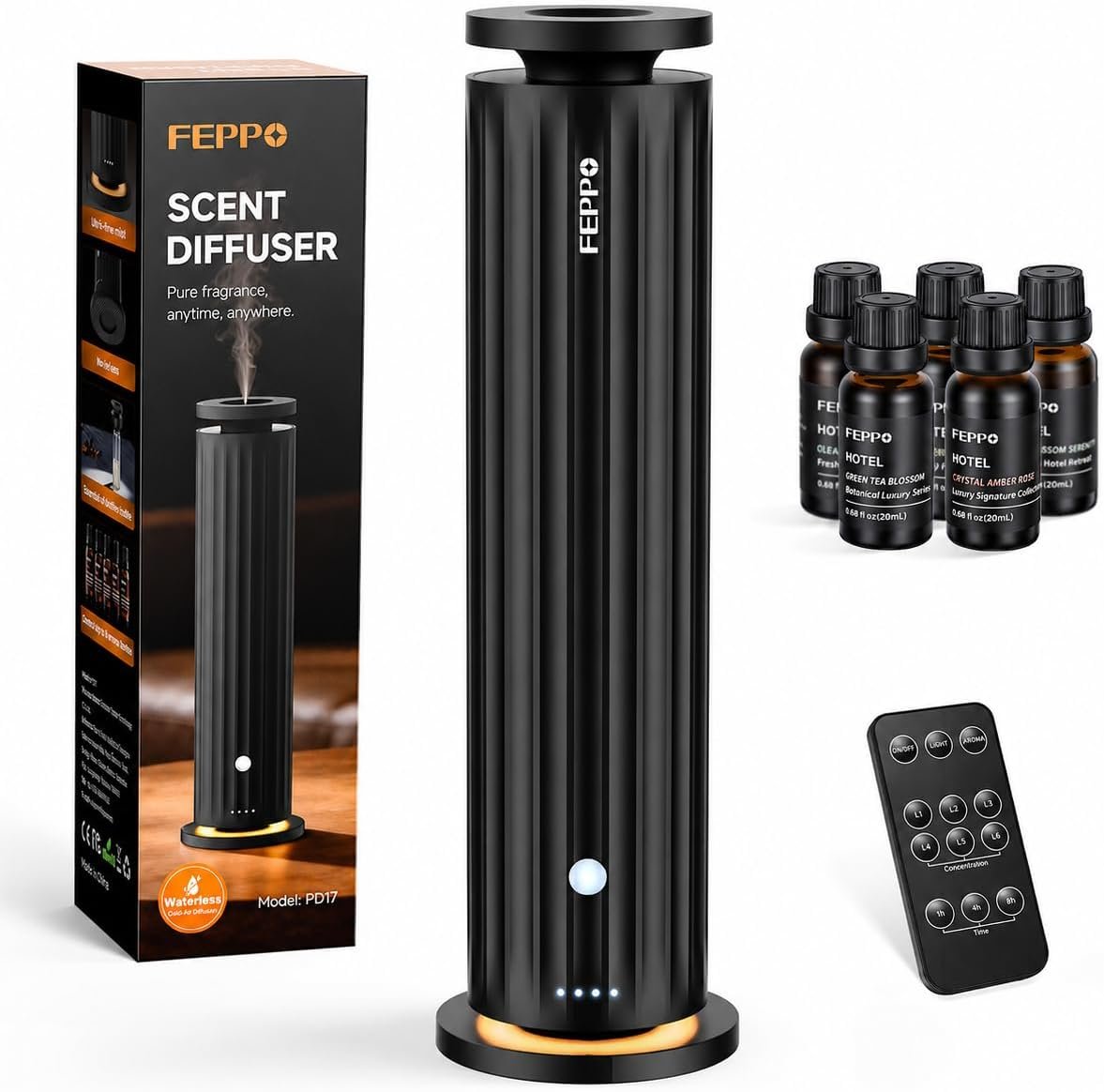 FEPPO Waterless Diffuser – Diffuser for Home, Hotel, Office | Essential Oil Diffuser Starter Kit with 5×20mL Hotel Scent Oils, 6 Scent Levels, 4 Timer Modes, Quiet Diffuser, 1000+ Sq Ft