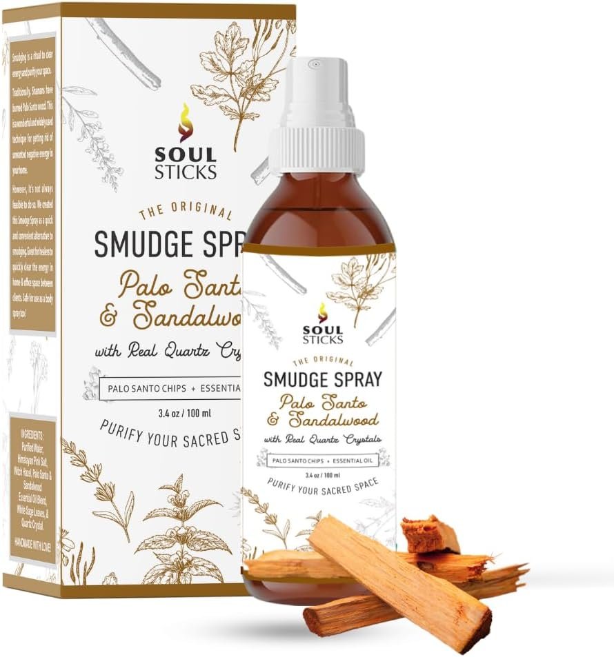 SOUL STICKS Palo Santo & Sandalwood Smudge Spray For Cleansing and Negative Energy | 3.5oz Palo Santo Spray with Real Quartz Crystals | Sage Room Spray for Spiritual Cleansing and Purifying Home Car