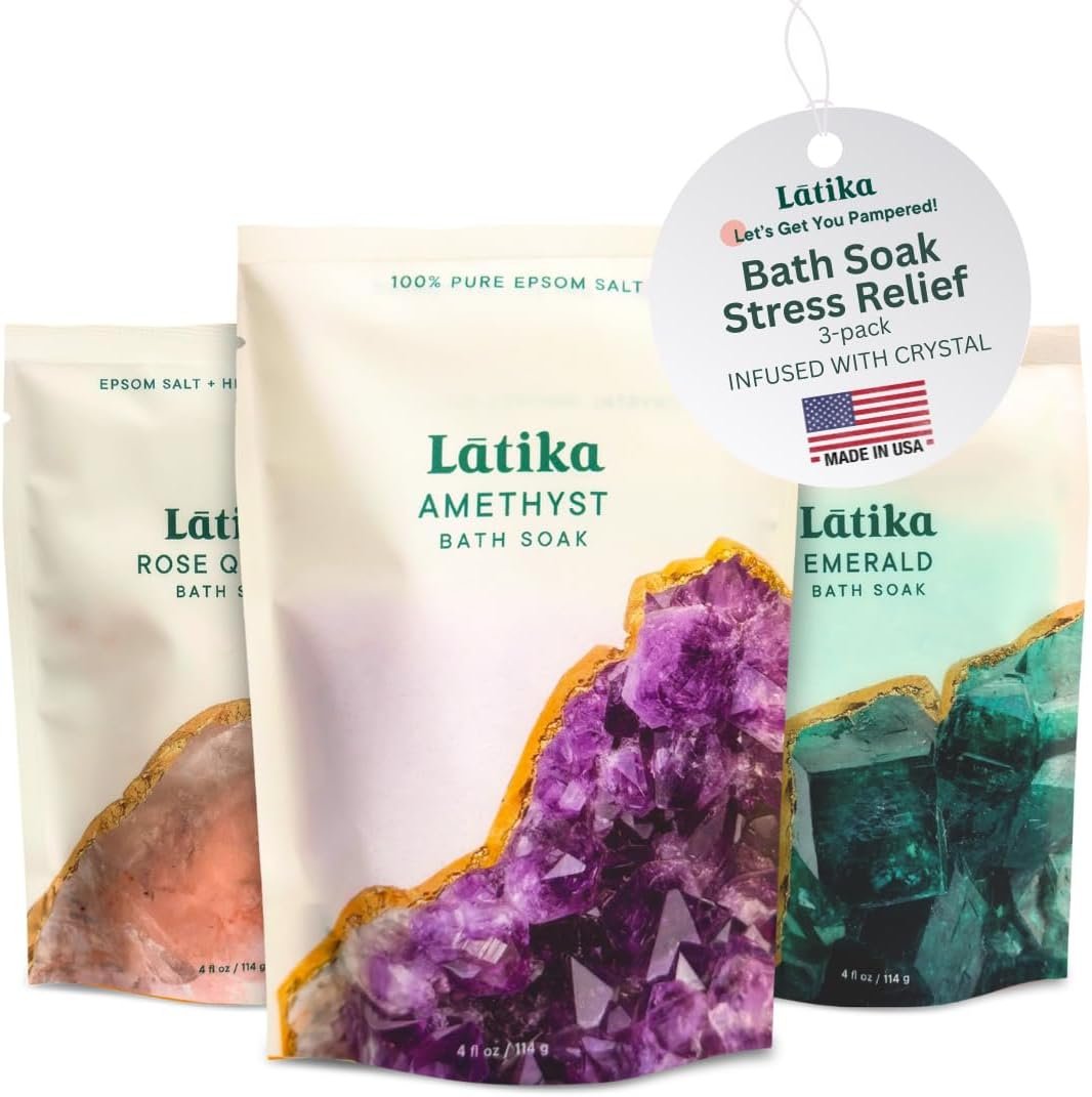 Latika Geode Bath Salts – Epsom Salt Bath Soak with Essential Oils | Geode bath soak set of 3 — Amethyst, Rose Quartz & Emerald with epson salt & oils for stress relief & muscle recovery