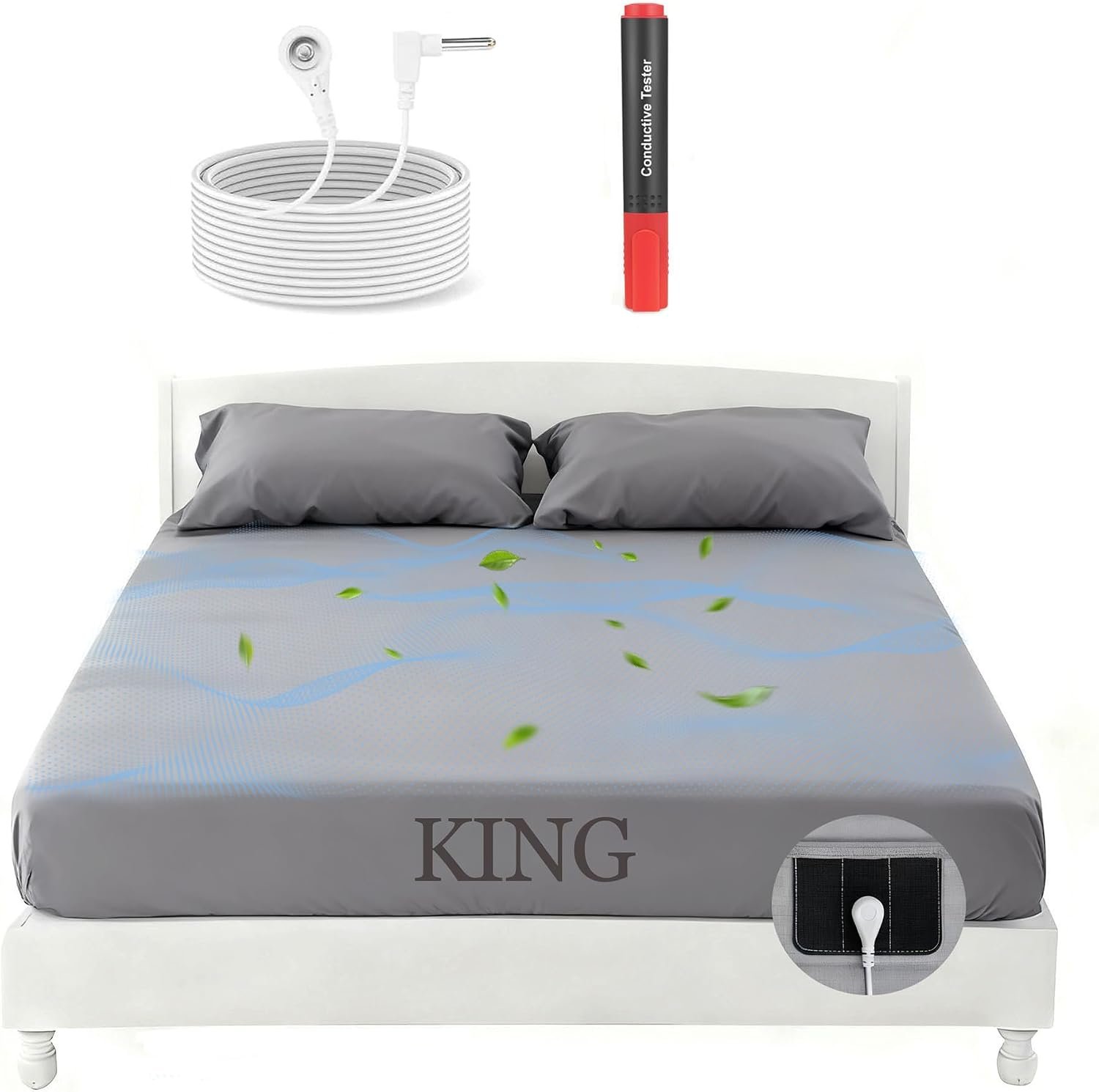 KING Grounding Sheet, 12% Silver Fiber & Cotton (Grey, 74*80*15) | Grey Earthing Sheet with Connection, Deep Pocket Grounded Sleep Kit for Pain Relief & Better Sleep, Includes Grounding Cord