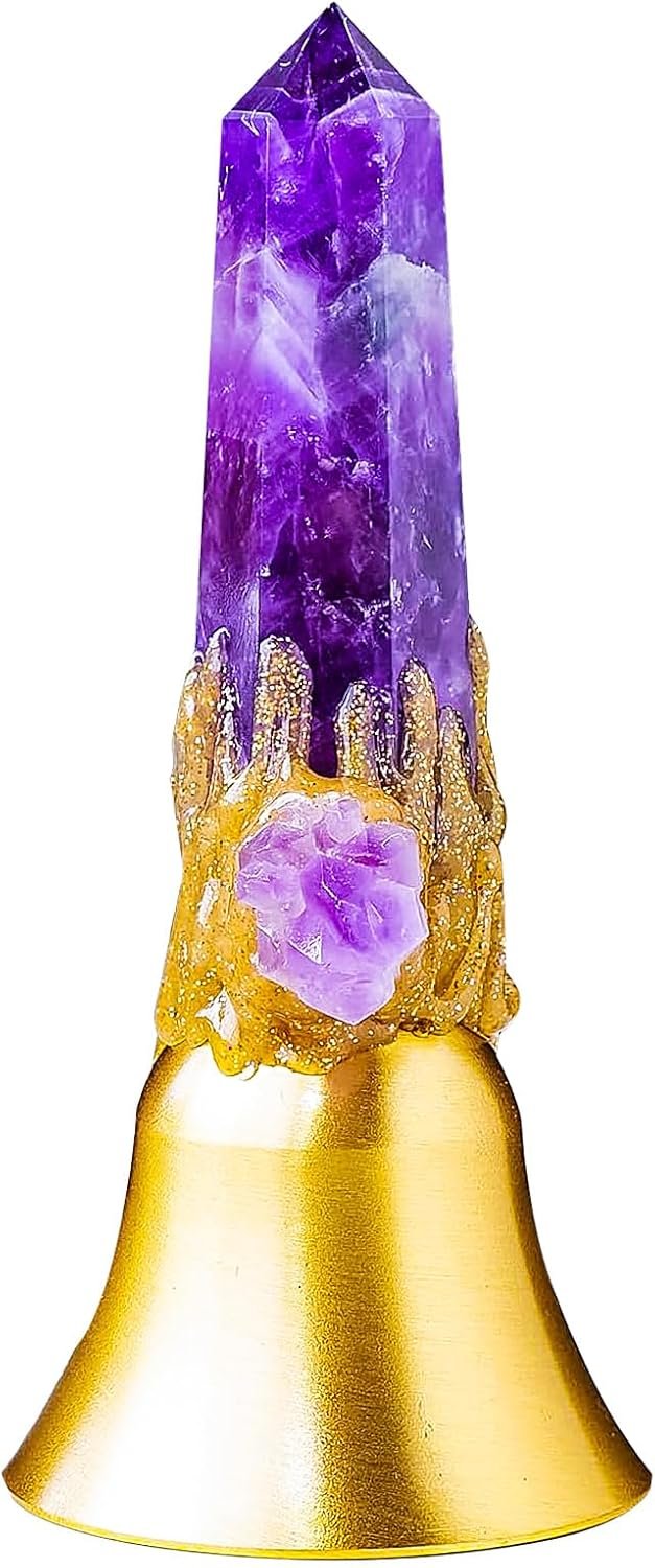 Super Loud Solid Brass Handbells Altar Bells Natural Amethyst Tower Bell Chimes Witch’s Bells Hand Percussion Instruments Call Bells for Meditation Prayer Reception Pet Feeding and Home Decoration