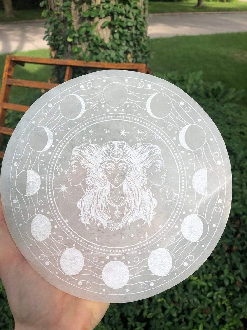Ethically Mined 6″ Etched Selenite Charging Plate, Hecate Design, Unique Design, Goddess Charging Station, Etched in Appleton, WI USA