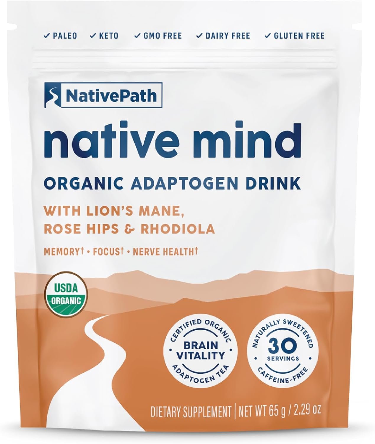 NativePath Native Mind Organic Adaptogen Herbal Support Blend – Organic Mushroom Drink Powder with Lion’s Mane, Rhodiola & Rose Hips – 30 Servings | Rhodiola & Rose Hips In Peppermint, Supports Focus, Calm & Immune Health, Caffeine-Free, Organic, Keto