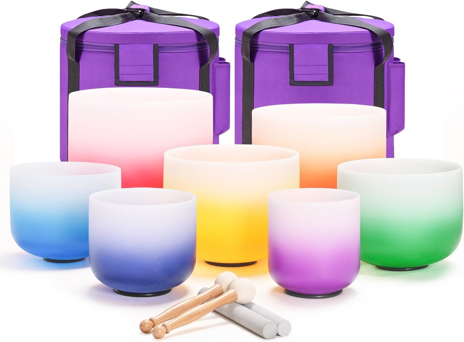 CVNC 432HZ 6-12 Inch Set of 7 Crystal Singing Bowls Aria Gradient | Frosted Quartz Singing Bowls with 2 PCS Carry Case Bag for Sound Healing Yoga and Meditation