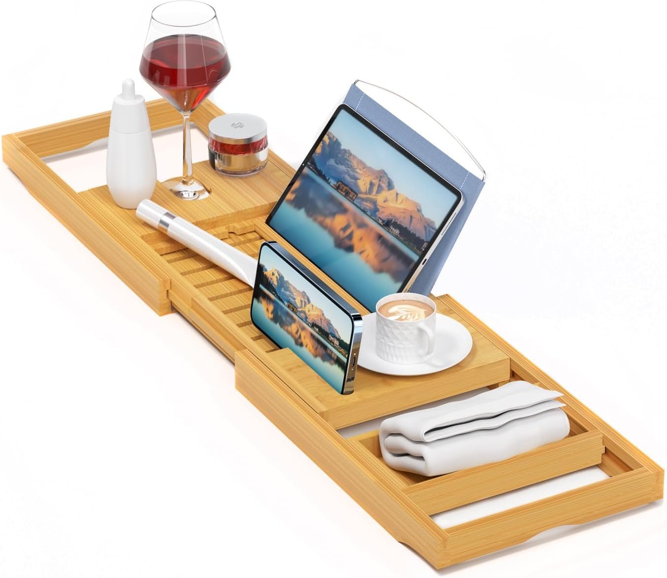 Sen Yi Bao Luxury Bamboo Bathtub Tray – Wooden Expandable Caddy with Book, Tablet, Wine Holder – Gift Idea