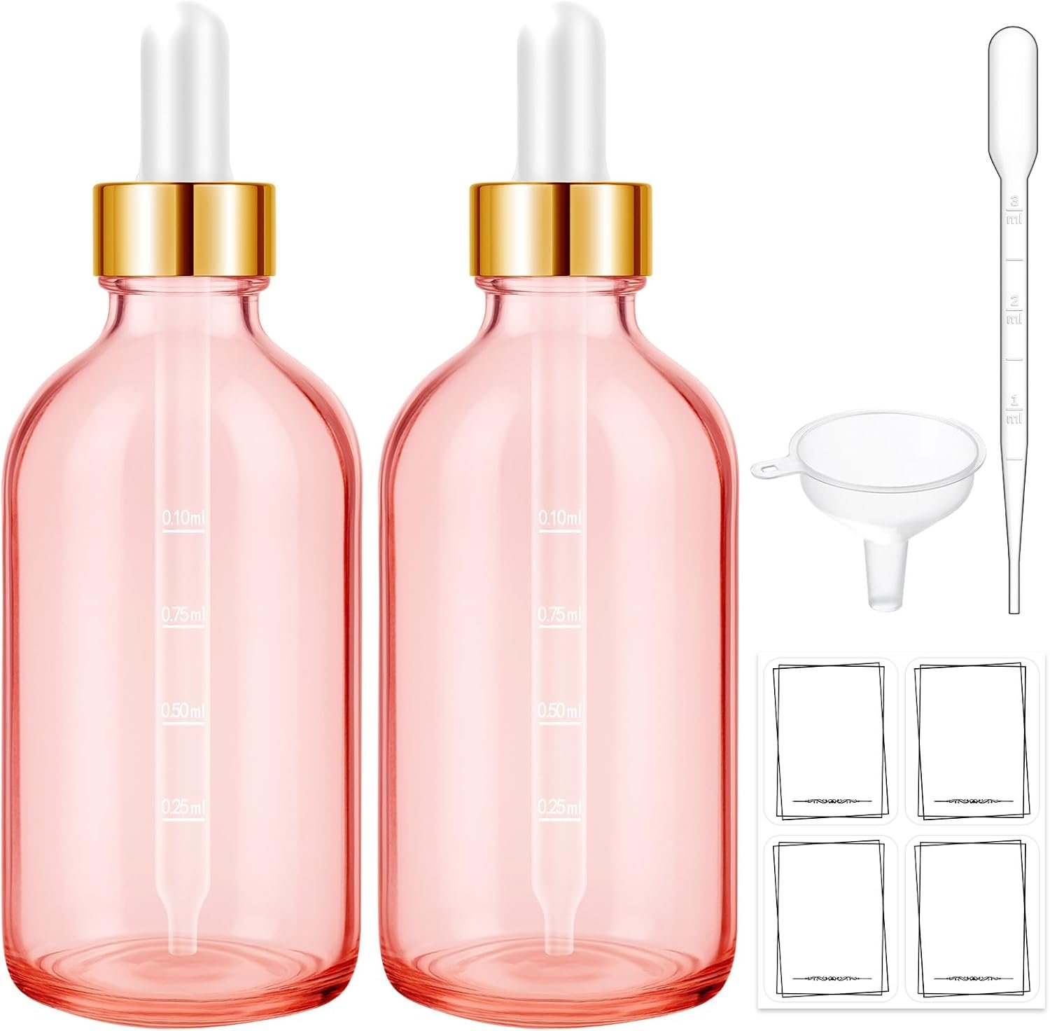 Bumobum Glass Bottle with Dropper, 4 oz Pink Tincture Bottle for Essential Oils with Labels and Funnels, 2 Pack Eye Dropper Bottles with Golden Top (Unbreakable Plastic Eye Dropper with Measurements)