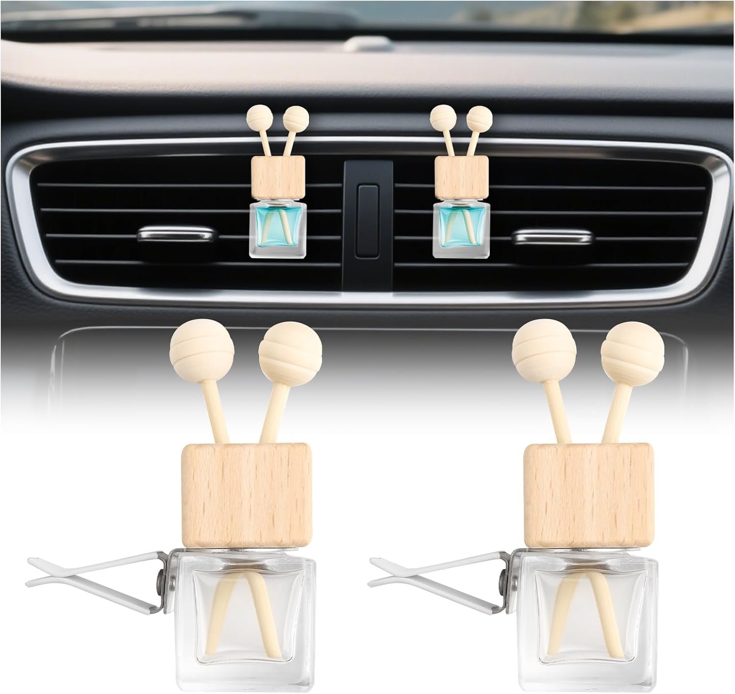 2PCS Car Diffuser Bottle with Vent Clip,Refillable Car Air Freshener with Wooden Lid and Stick,Transparent Empty Cars Diffuser Bottles as Cars Diffusers for Essential Oils