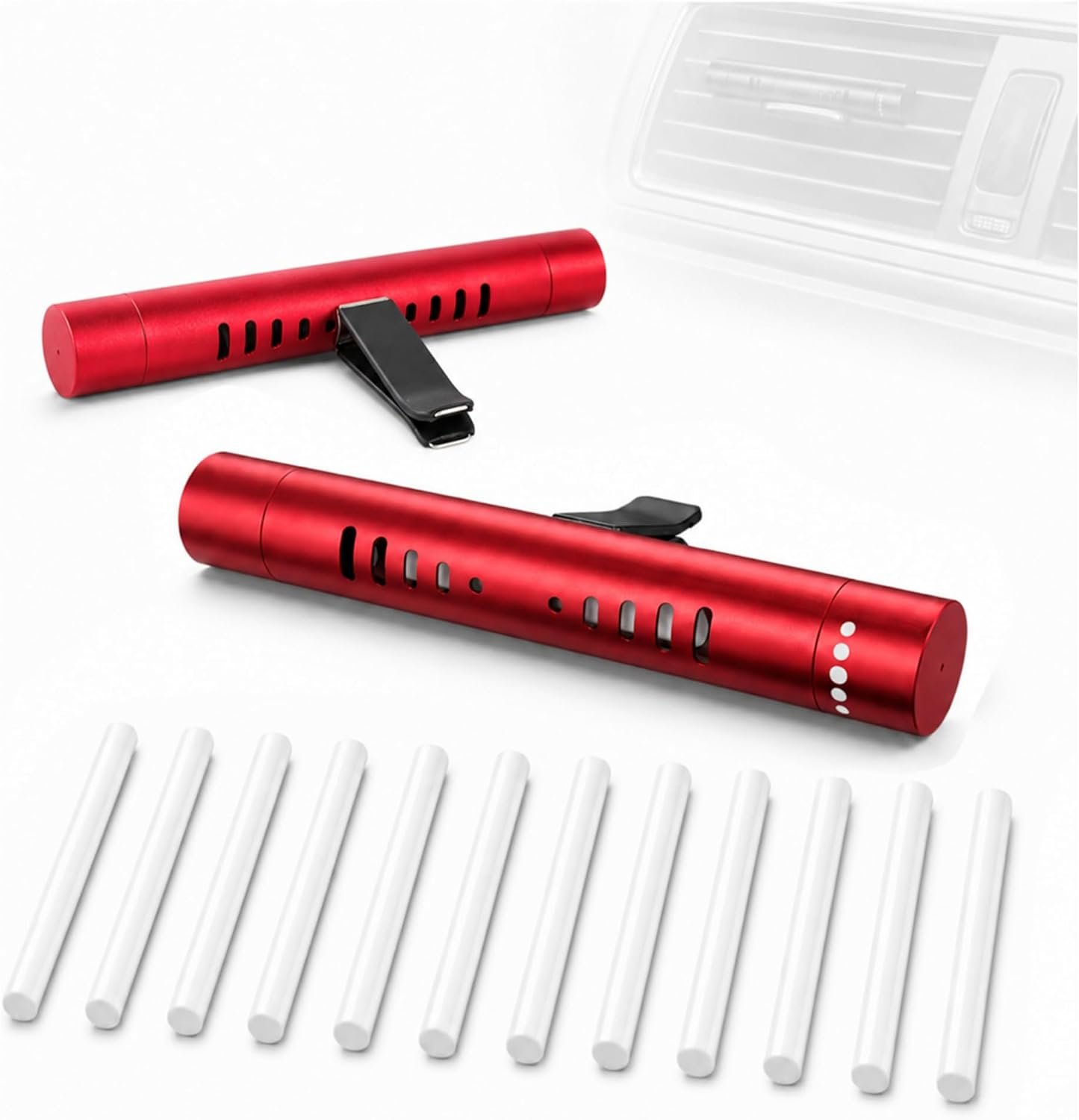 2 Pcs Car Air Essential Oil Diffuser Vent Clip with 12 Pcs Odorless Refill Sticks, Premium Aluminum Air Freshener Diffuser Suitable for Cars, Office, Kitchen (Red)