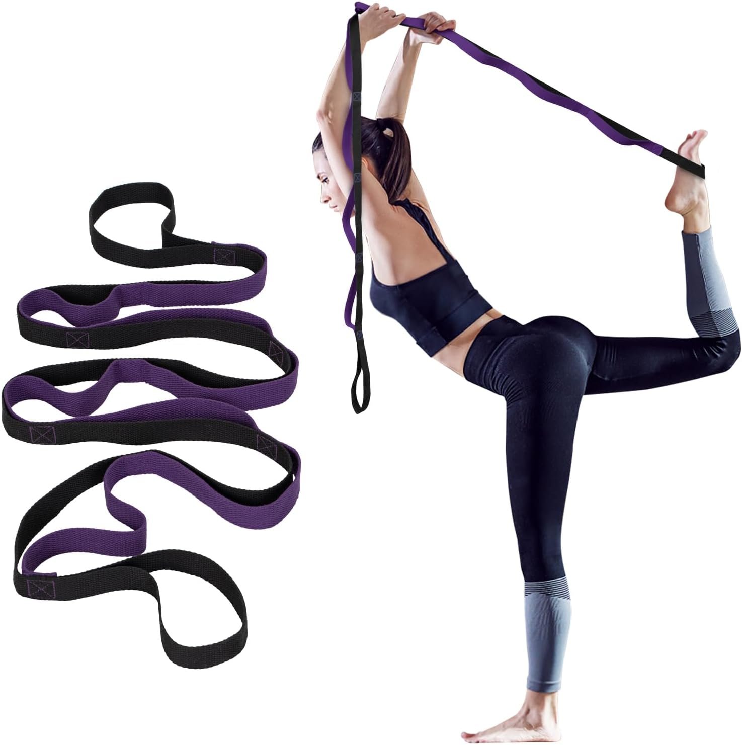 Amrules Yoga Strap for Stretching with 10 Loops Inelastic Soft Polyester Cotton Stretch Out Band for Exercise, Yoga, Pilates and Dance for Men and Women