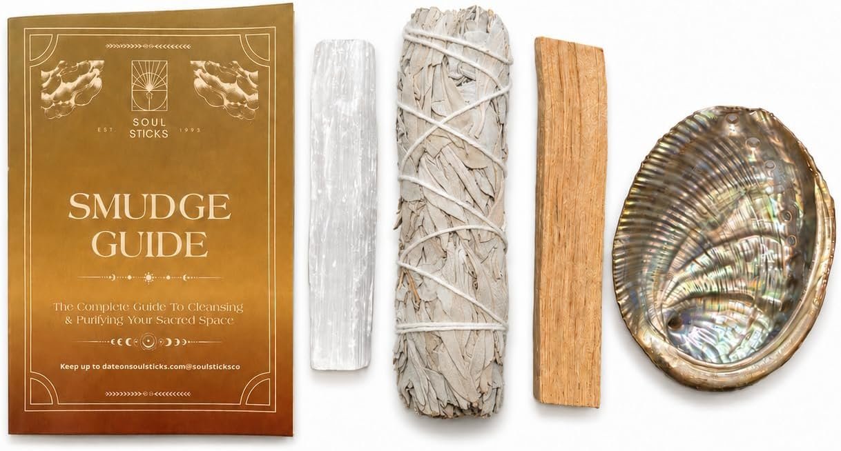 Soul Sticks Beginners Mini Smudge Kit Includes White Sage 3-4″ Abalone Shell Selenite Wand and Palo Santo with Smudging Guide (White Sage)
