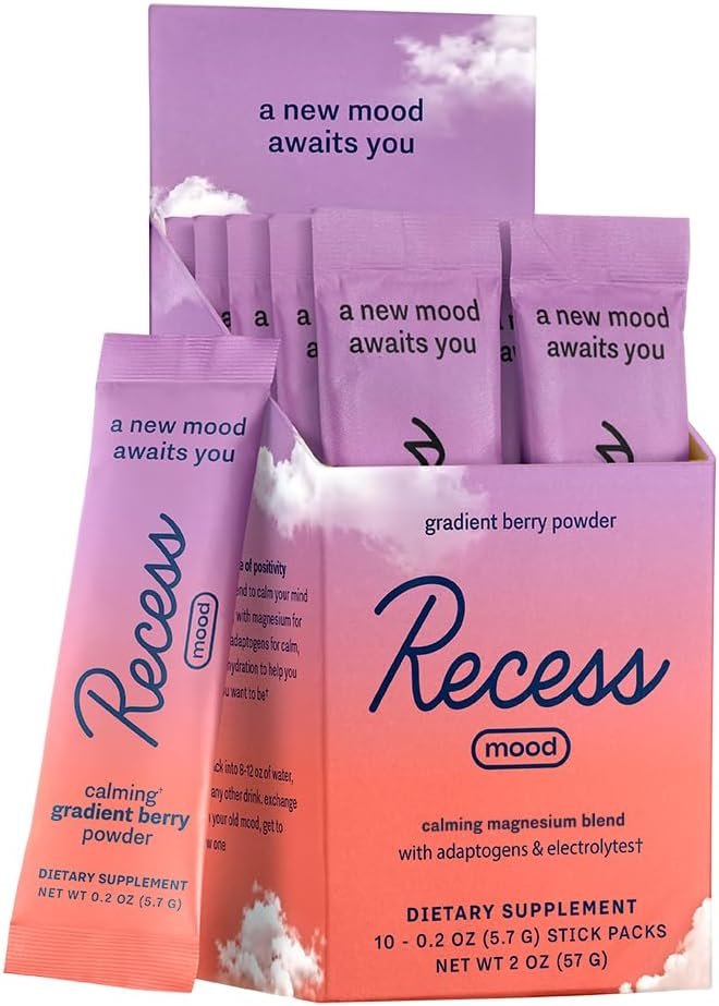 Recess Mood Powder, Calming Magnesium L-Threonate Blend with Passion Flower, L-Theanine, Electrolytes, Magnesium Calm Support Supplement – Gradient Berry Pack of 10