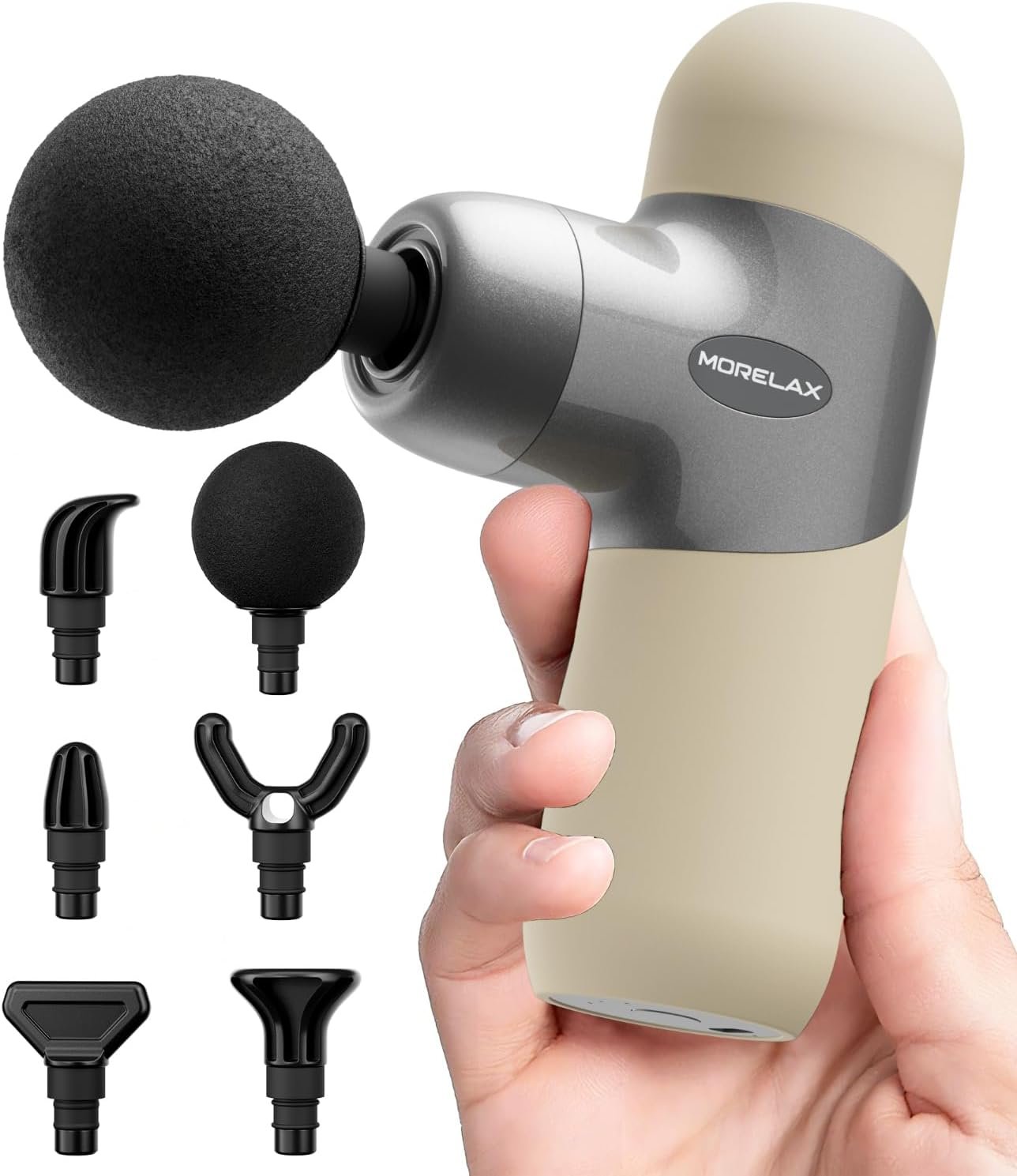 Morelax Mini Massage Gun Deep Tissue, Portable Percussion Muscle Massager for Whole Body Pain Relief, Electric Handheld Sport Massager with 6 Massage Heads 4 Speed, Best Gift (Silver Beige)