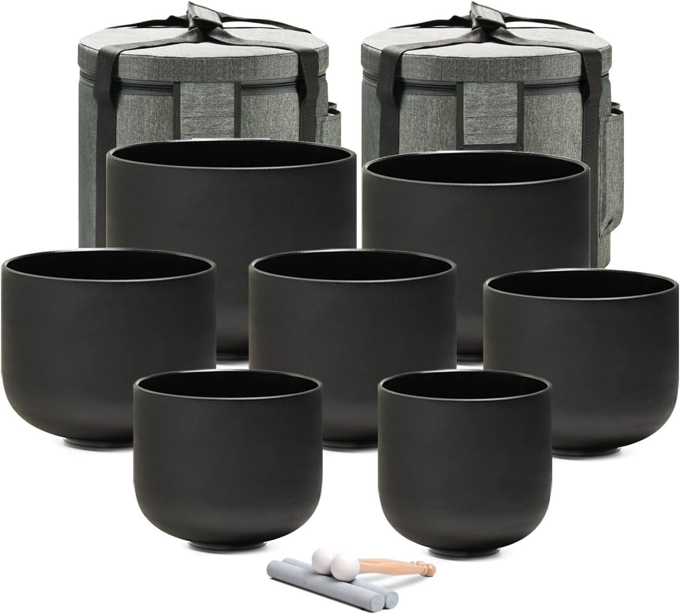 CVNC Crystal Singing bowl Set of 7 for Sound Healing Black | 6“-12” Frosted Black Chakra Quartz Set, Sound Meditation,Mindfulness,Relaxation, Includes 2 Case Bags and Rubber Mallets