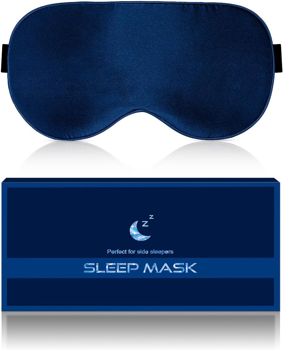 Silk Eye Mask for Sleeping – Soft Breathable Organic Natural Mulberry Silk Fabric Blackout Sleep Mask with Adjustable Straps No Pressure Eye Mask for Travel Essentials Gifts (Navy Blue)