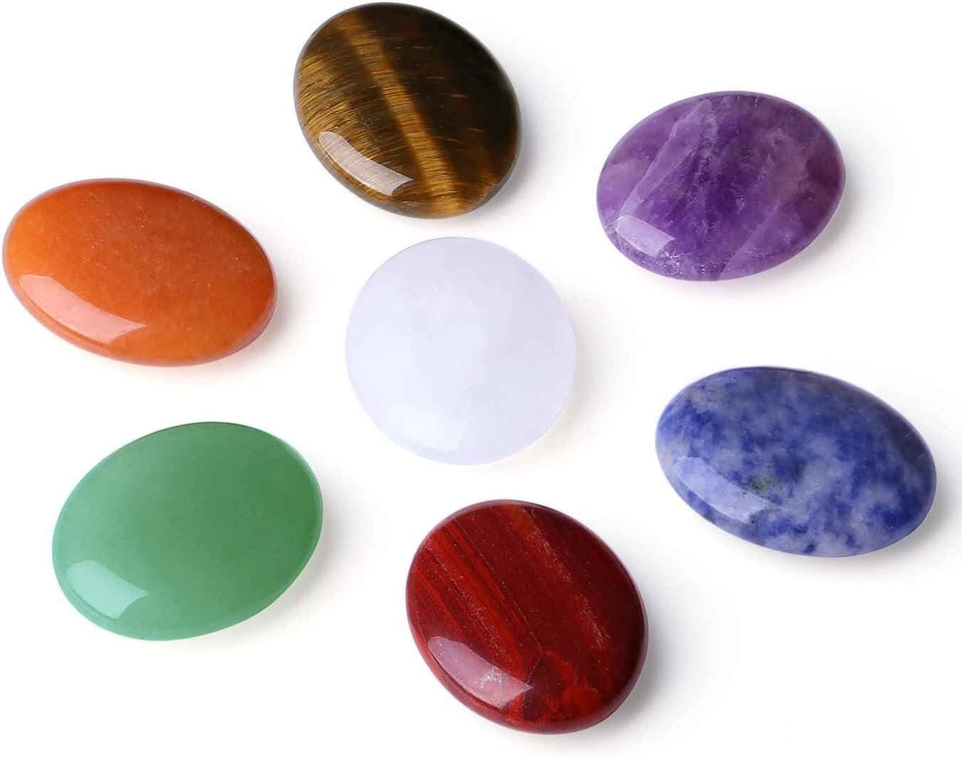 LAIDANLA 7Pcs Healing Crystals Palm Stone Set Oval Amethyst Clear Quartz Tiger Eye Sodalite Chakra Crystal Polished Natural Stones Pocket Gemstone for Meditation Relief Anxiety Stress