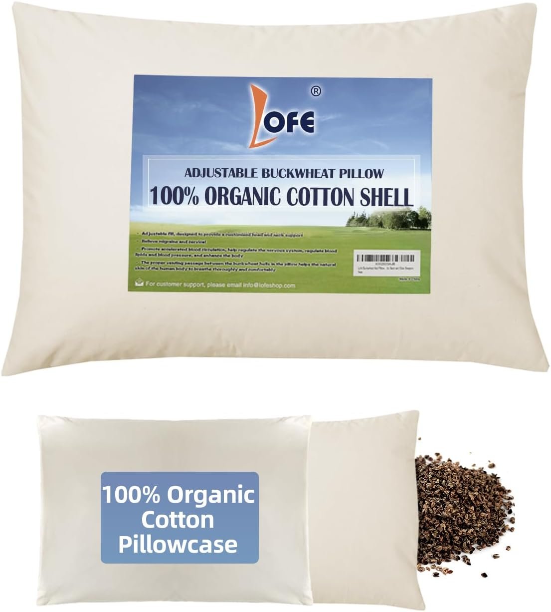 LOFE® Organic Buckwheat Pillow for Sleeping with Organic Cotton Pillowcase | Adjustable Height for Neck Pain Relief, 20×26” For Side/Back Sleepers, Cooling Pillow, Machine Washable Pillowcase