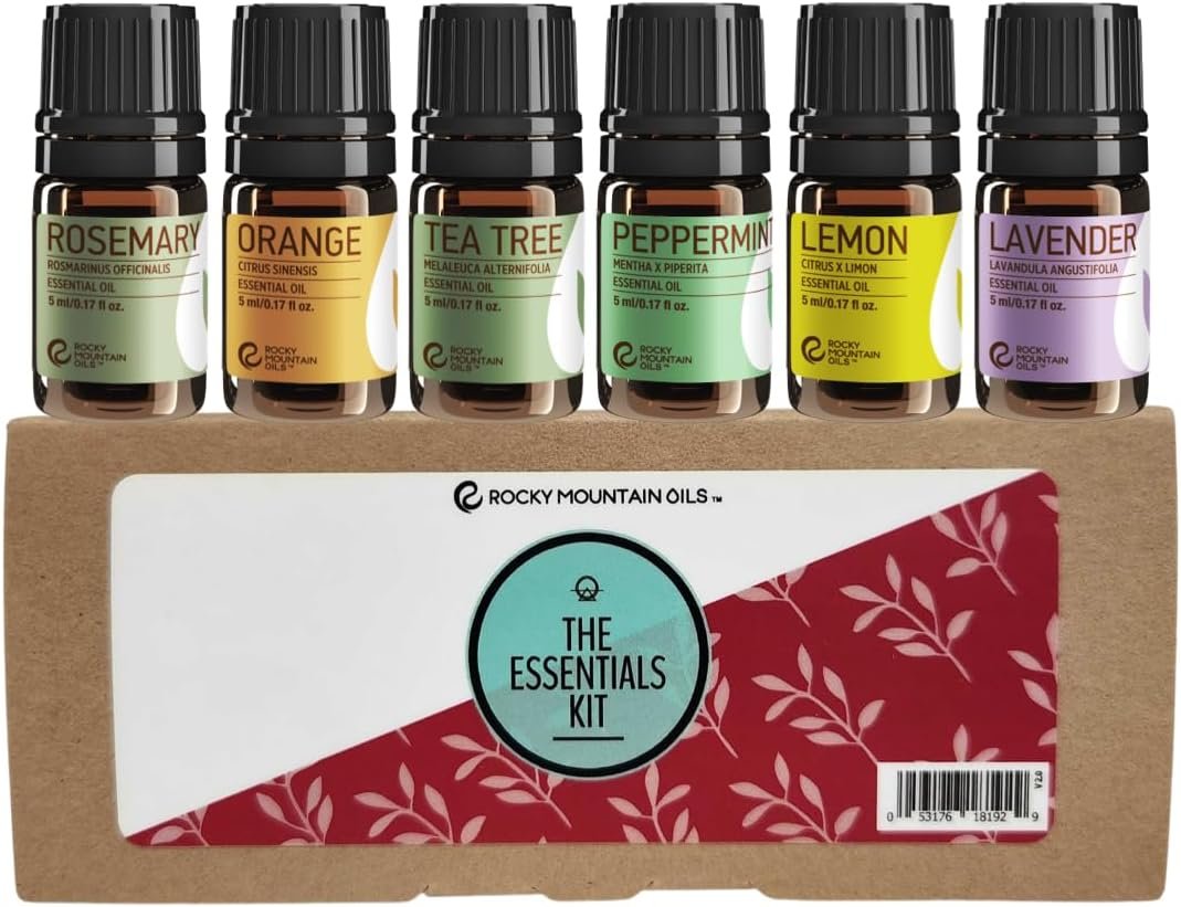 Rocky Mountain Oils The Essentials Kit – Includes Lavender, Lemon, Orange, Peppermint, Tea Tree, and Rosemary Essential Oil – Topical, and Cleaning – 5ml