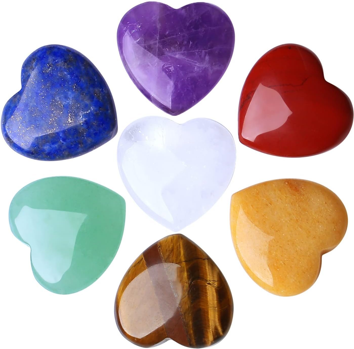 7 PCS Chakra Heart Crystals Pocket Natural Stones Polished Amethyst Palm Assorted Healing Crystal Love Shaped Gemstones 0.8″ Set Reiki Energy Balancing Meditation Mother’s Day Gift