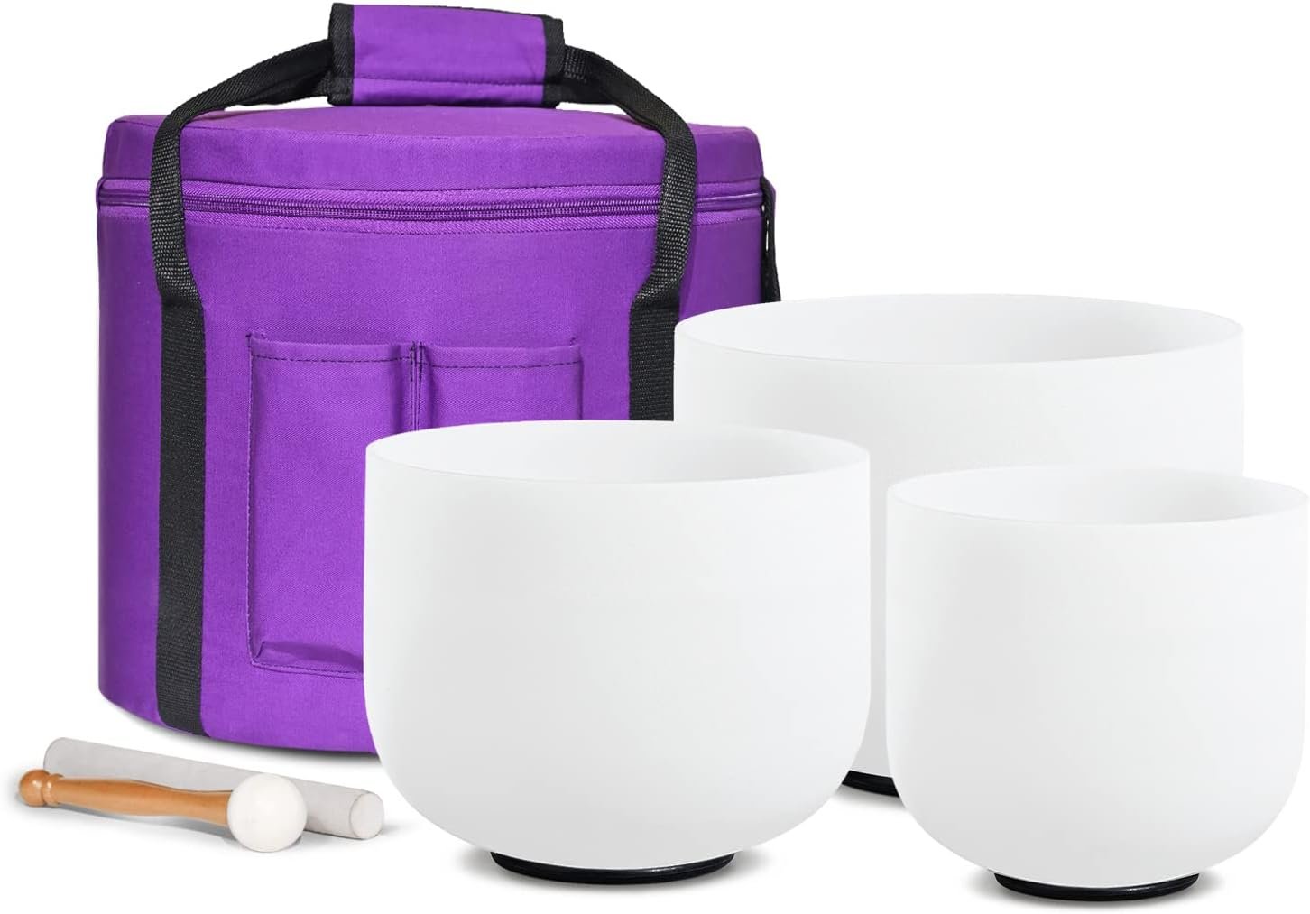 CVNC 440HZ Crystal Singing Bowl 7″ G Note 9″ E Note and 11″ C Note | Frosted White Quartz Chakra Bowls Set of 3 with Carry Case Bag for Sound Healing Meditation