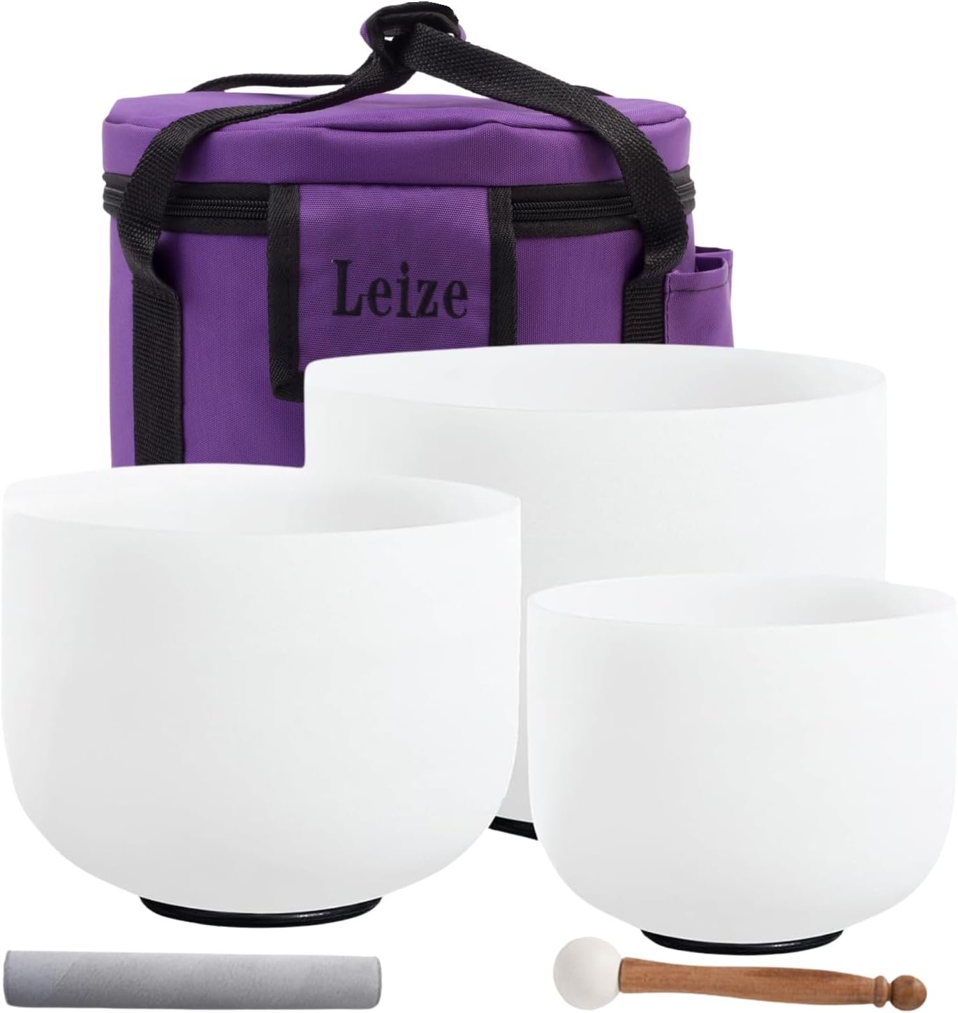 Leize Crystal Singing Bowl Tuned Quartz with Suede Striker Carry Case Bag, Set of 3 PCS 432HZ 6″ A 8″ F 10″ C, Frosted White