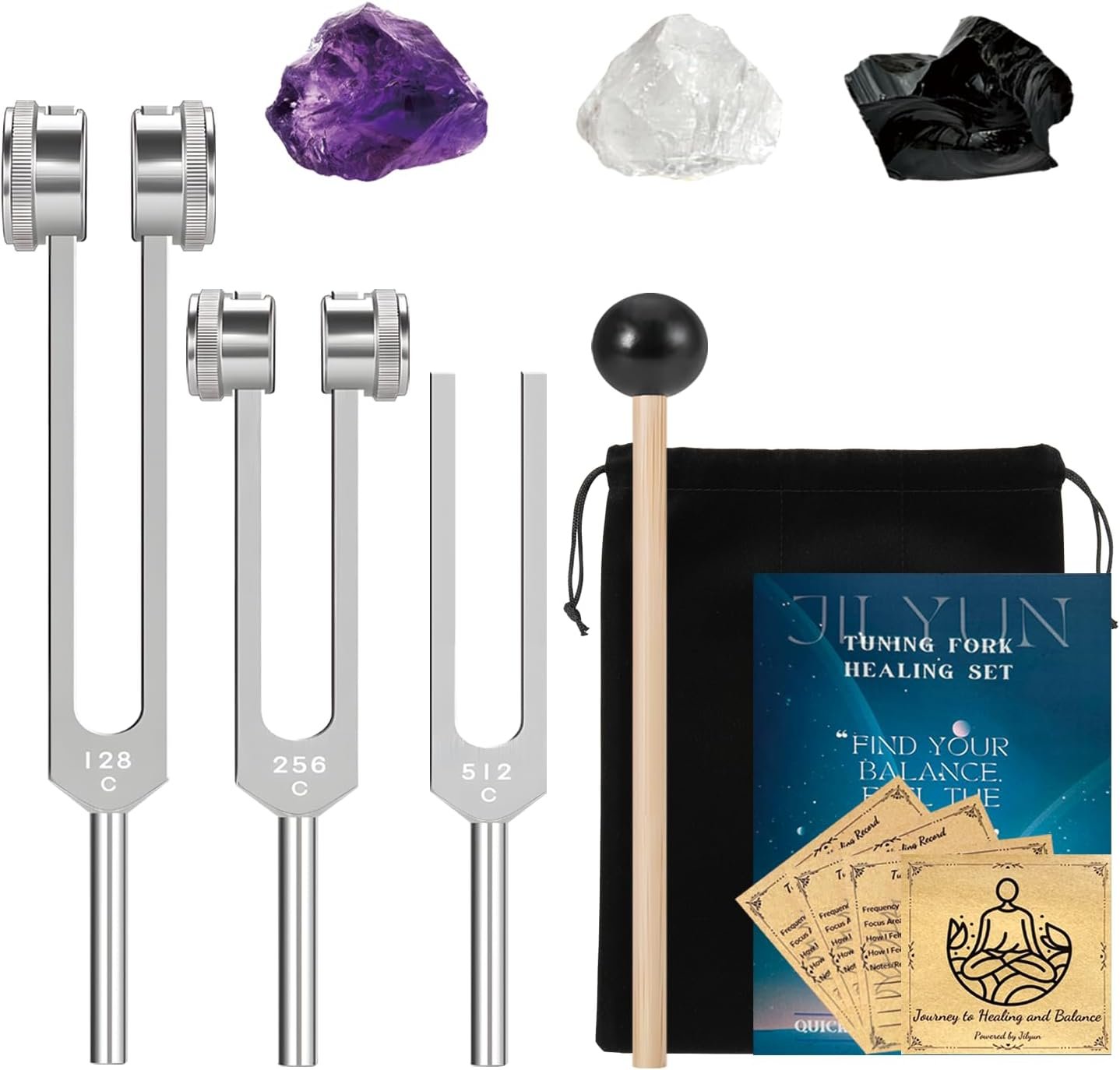 Tuning Forks for Healing Set (128Hz, 256Hz, 512Hz), Weighted & Unweighted Tuning Forks for Sound Healing with a Rubber Mallet and 3 Crystals, Healing Gifts for Women & Men