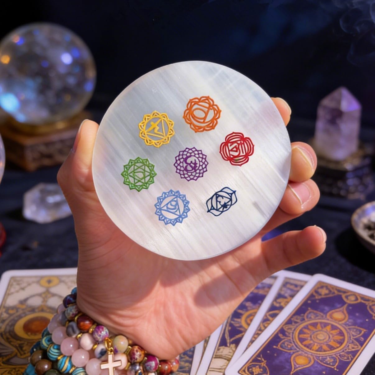 Selenite Crystal Charging Plate Engraved 7 Chakra Healing Stones Coaster Round Disc for Home Office Table Decor Crystals and Healing Stones