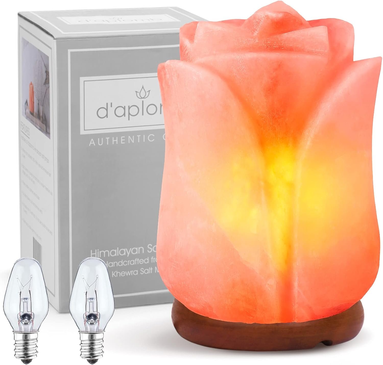 d’aplomb 100% Authentic Natural Himalayan Salt Lamp;Hand Carved Flower Rose Crystal Rock Salt from Himalayan Mountains; Dimmer Cord (Pink Flower)