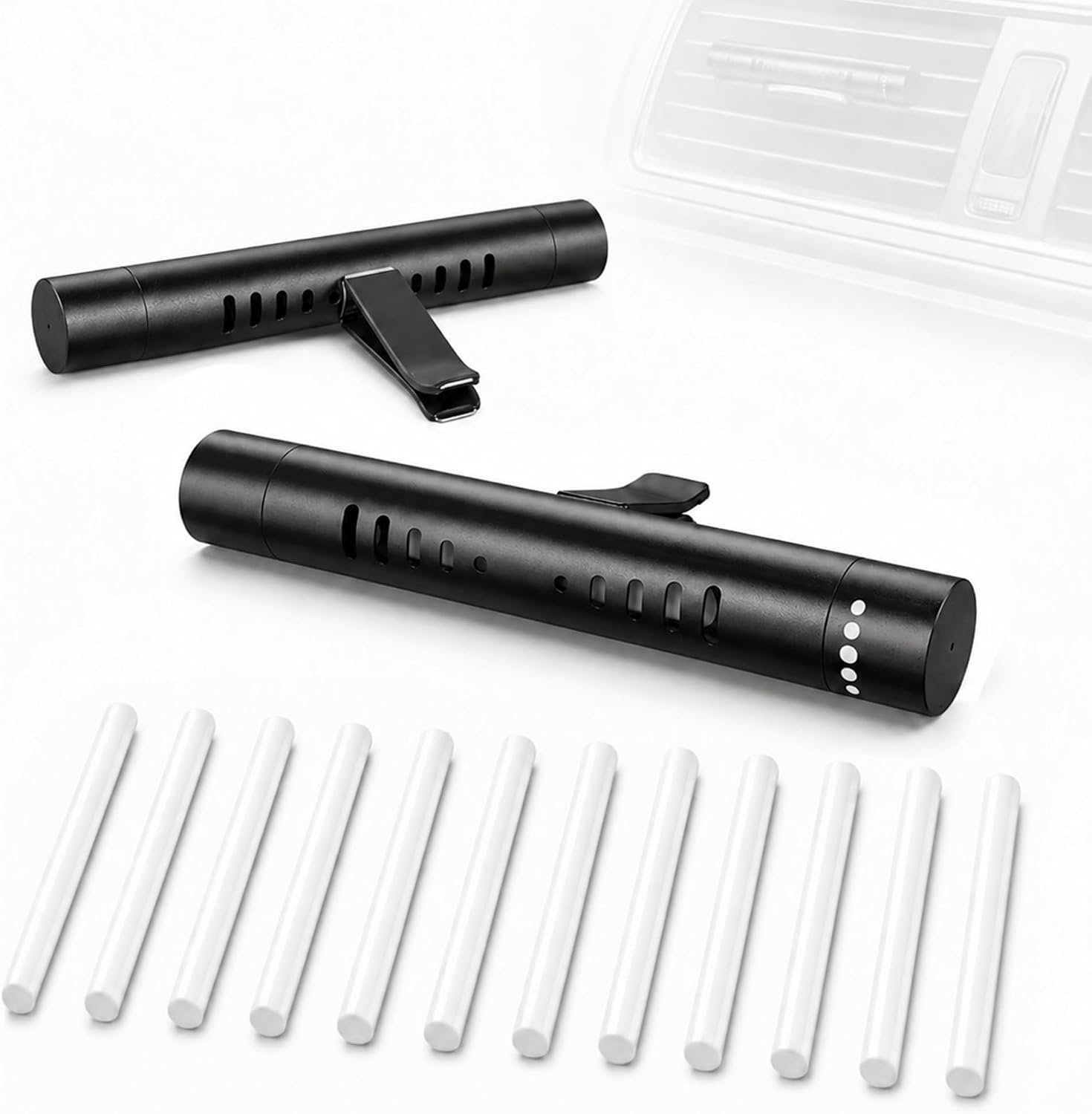 2 Pcs Car Air Essential Oil Diffuser Vent Clip with 12 Pcs Odorless Refill Sticks, Premium Aluminum Air Freshener Diffuser Suitable for Cars, Office, Kitchen