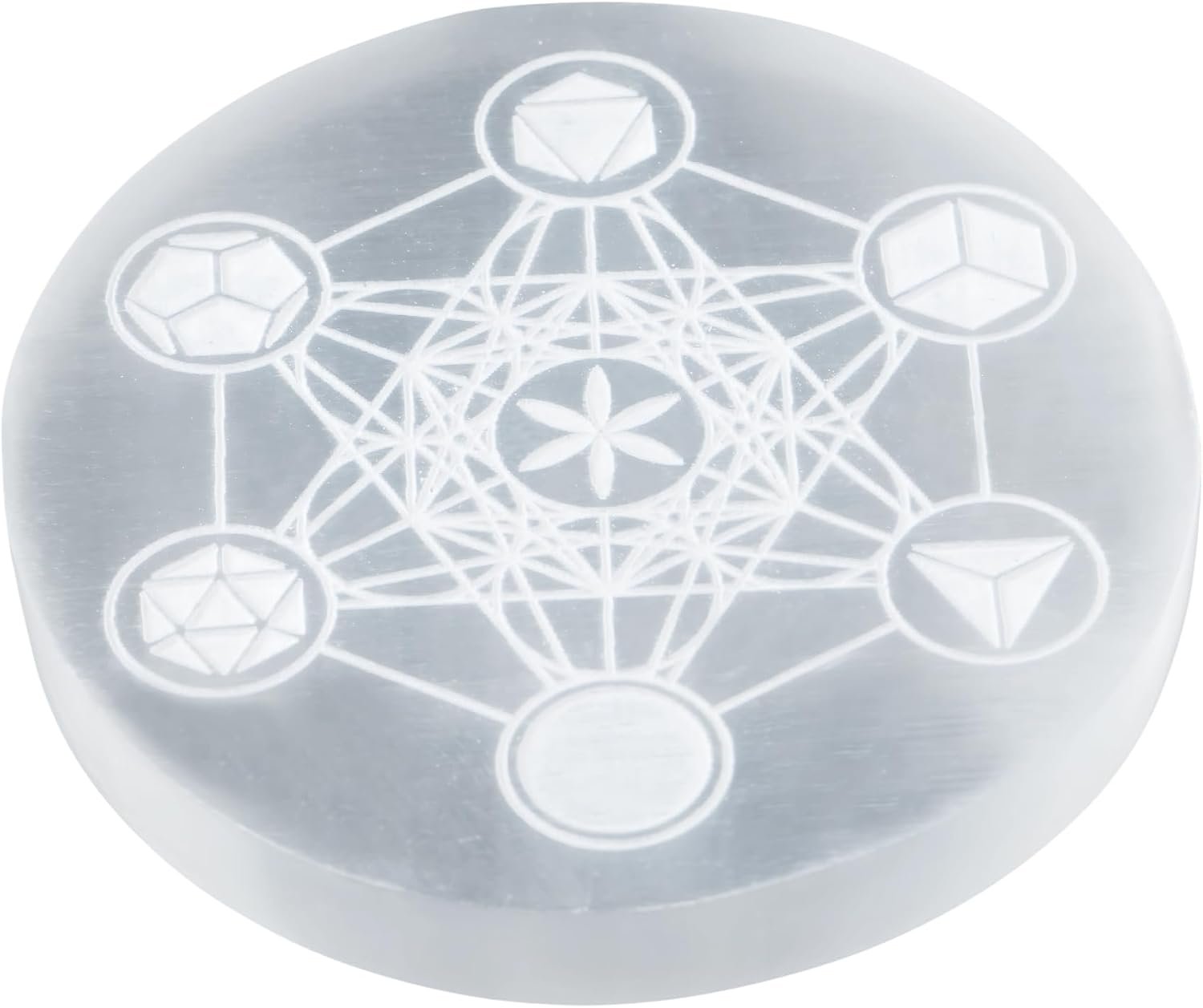 ANAYA AGATE Selenite Crystal Charging Plate – 3′ Metatron Platonic Solid Design – Healing Stones Coaster for Home and Office Table Decor – Round Disc – Crystals and Healing Stones