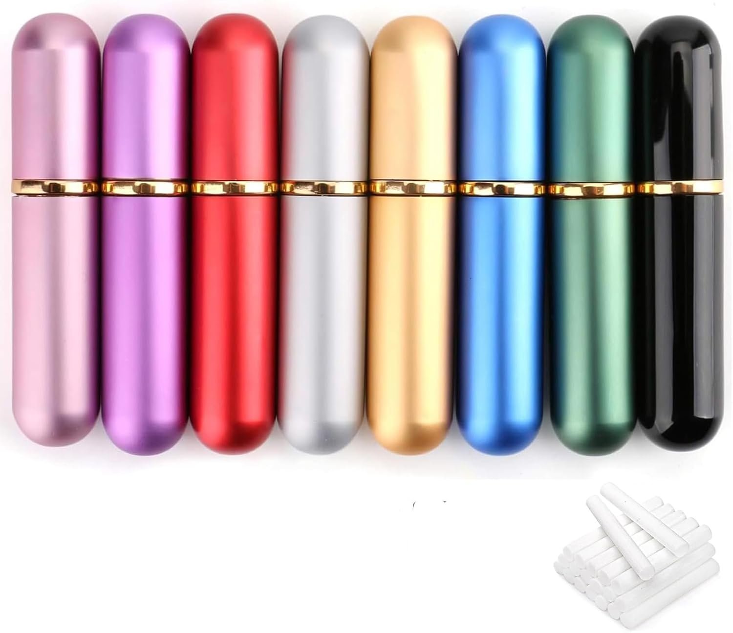Bekith Set of 8 Colors Empty Essential Oil Personal Inhaler Refillable Aromatherapy Nasal Inhaler Tubes Aluminum and Glass, Portable Nasal Inhalers with 20 Cotton Wicks