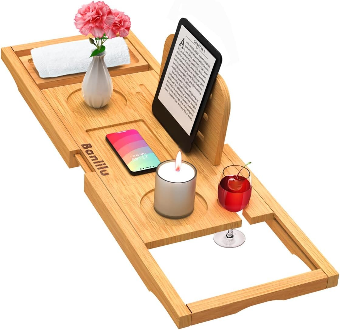 Premium Bamboo Bathtub Tray Caddy – Bath Tub Tray Table for Bathtub – Bath Caddy Tray for Bathtub, Expandable Size, Fits Most Bath Tubs