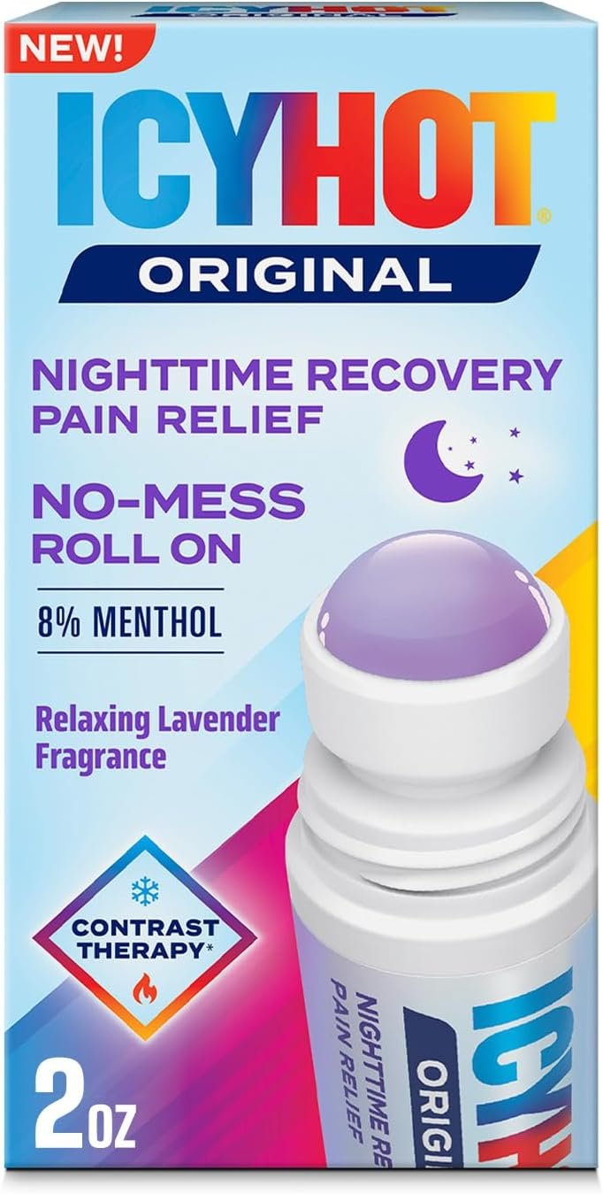 Icy Hot Original Pain Relief Nighttime Recovery No-Mess Roll-On Applicator, Fast-Acting Pain Relief with Menthol 8% for Backaches, Joints, Muscle Strains and Arthritis, Lavender Scent, 2 oz