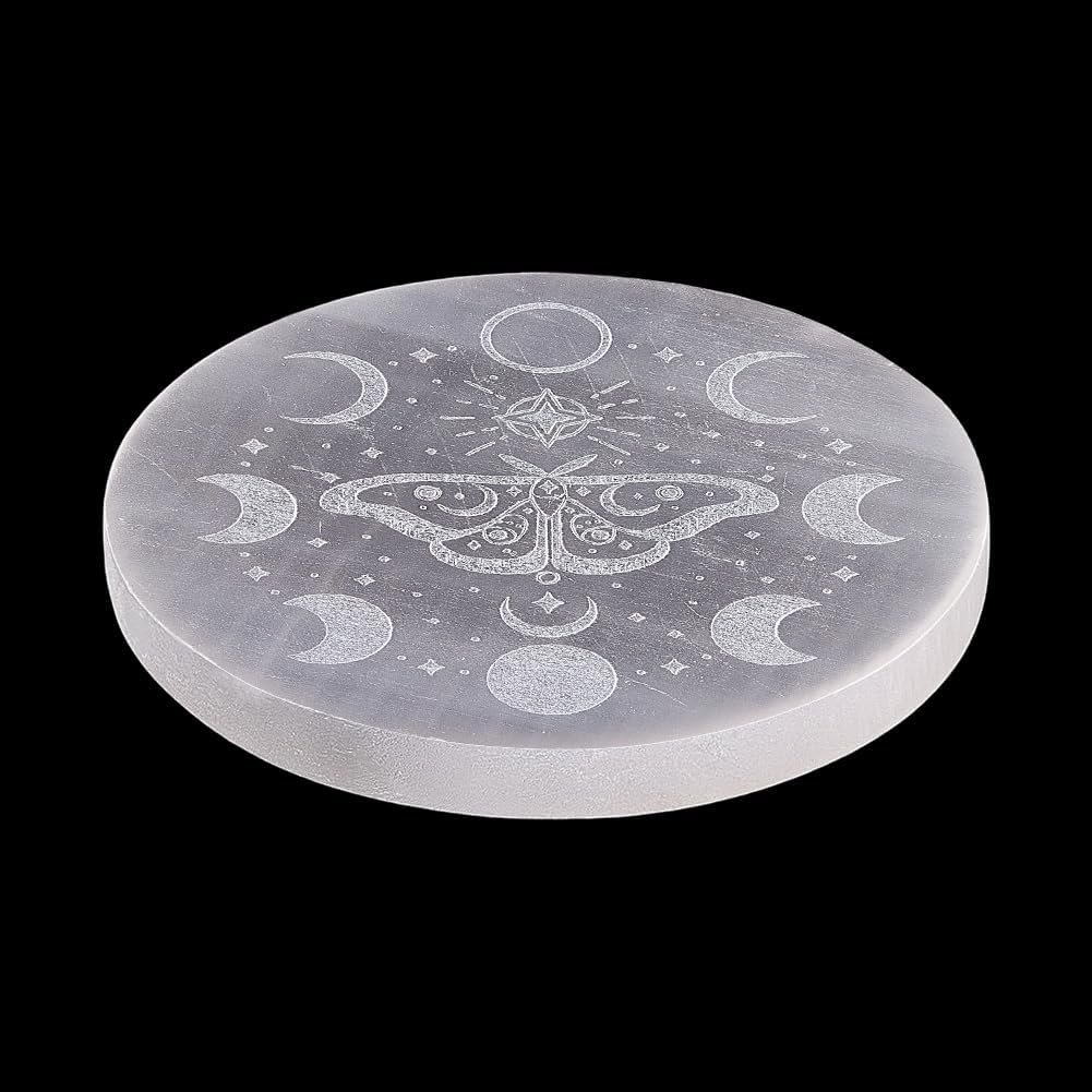FINGERINSPIRE Selenite Crystal Charging Plate for Crystals and Healing Stones 3.35×0.33inch Round Gypsum Crystal Plate with Moth & Moon Phase for Home Office Meditation & Energy Cleansing & Table Decor