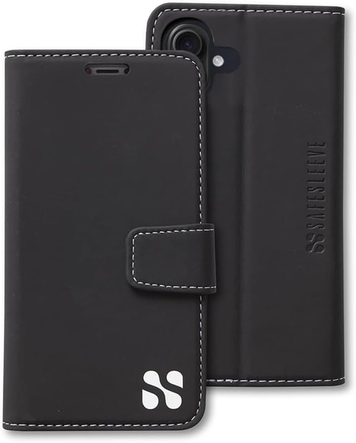SafeSleeve Wallet Leather Case for iPhone 17 EMF Blocker for Cell Phone with 3 Card Holder & Adjustable Stand – Magnetic Closure, and Magnetic Folio Protection for Daily Use (Black)