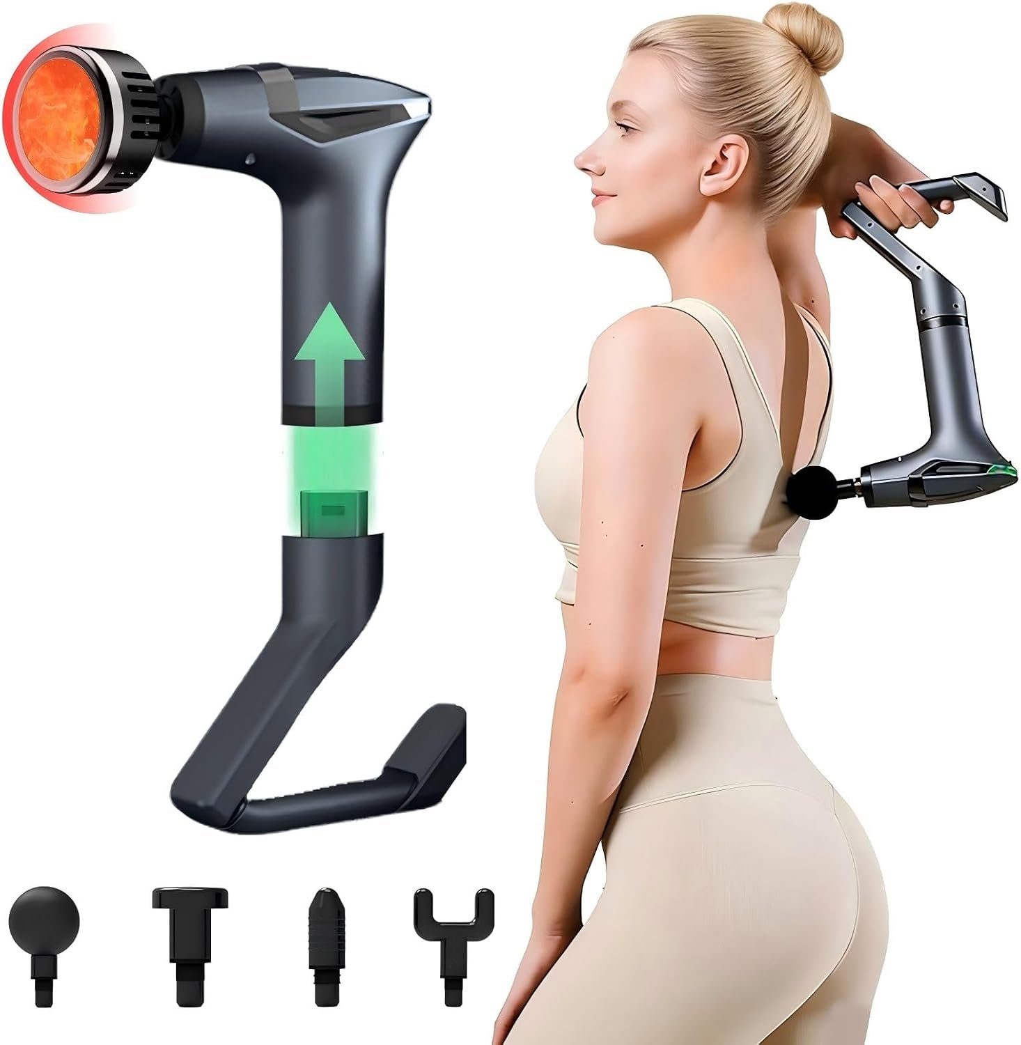 3-in-1 Detachable Deep Tissue Massage Gun with Heat & Extension Handle, Percussion Muscle Massager for Arms, Shoulders, Back,Waist, Portable & Quiet for Home, Gym & Office, 12 Adjustable Speeds