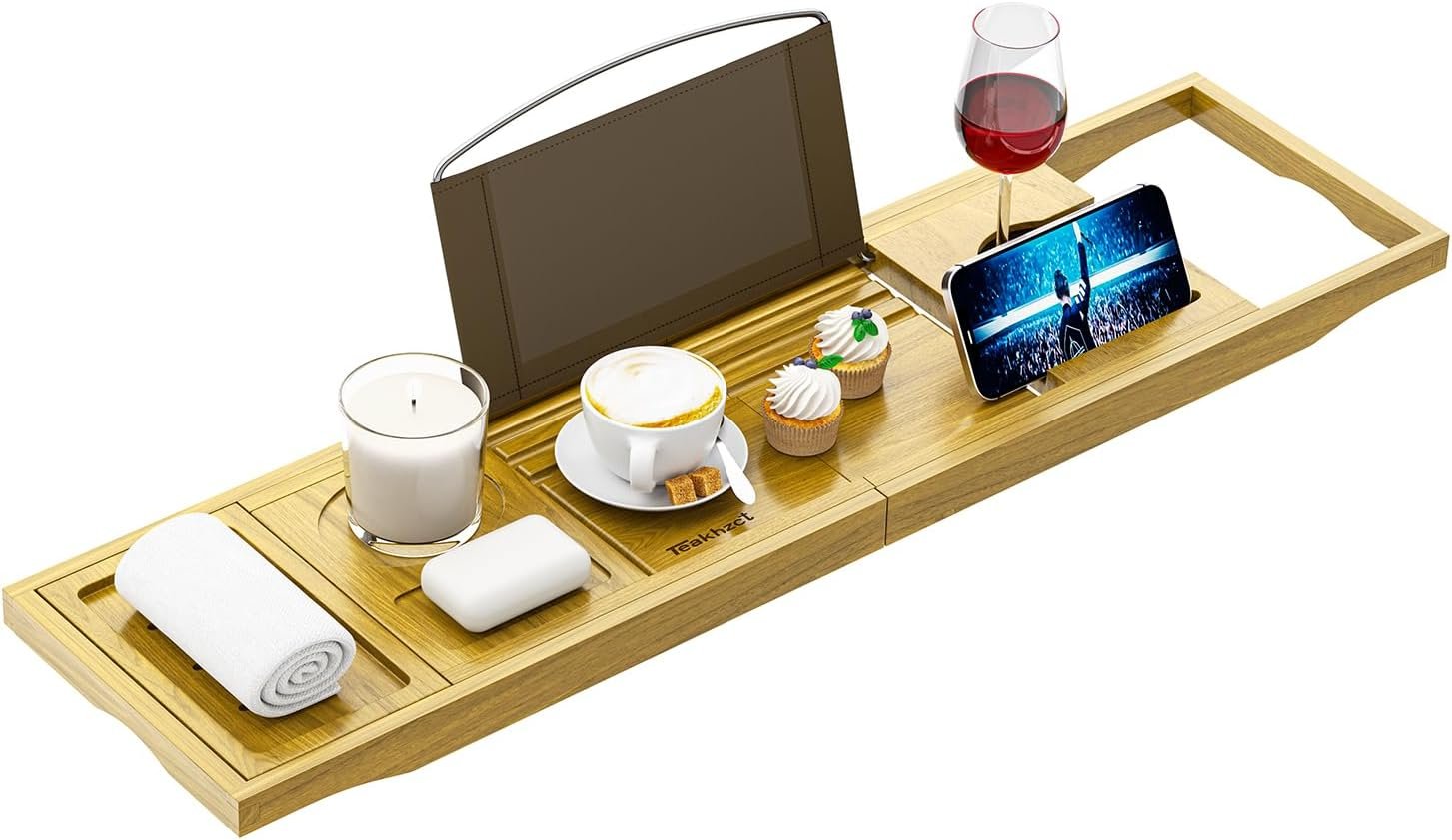 Bath Accessories – Cup Holders – Bathtub Tray Caddy – Bath Tray Expandable – Bath Tub Table Tray Caddy – Bamboo Bath Tray for Tub