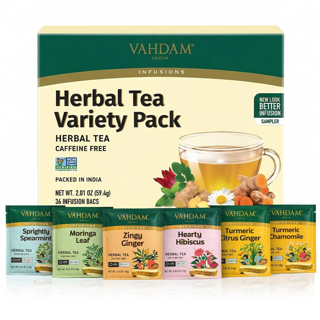 VAHDAM, Assorted Herbal Tea Gift Set (36 Tea Bags, 6 Flavors) Caffeine-Free, Non-GMO | Double Infusion, Individually Enveloped Tea Bags | Herbal Tea variety Pack | Tea Gifts for Women & Men