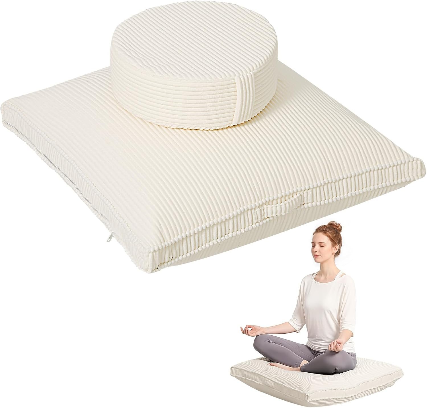 Meditation Cushion, 32x32inch Meditation Floor Pillow for Adults | Extra Large Floor Cushion, Zafu & Zabuton with Removable Corduroy Cover, Soft Support for Yoga, Sitting, Reading, Beige