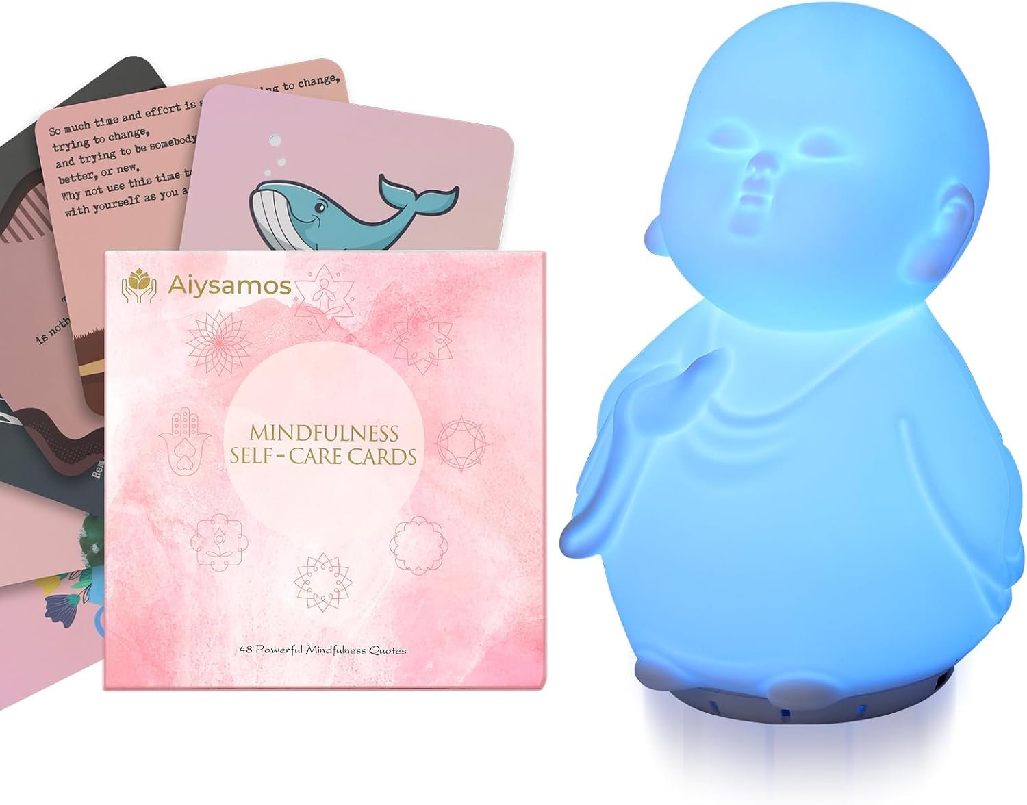 Mindfulness Tool Set with Guided Visual Meditation Breathing Lamp and 48 Positive Affirmation Cards, 3 in 1 Device with Night Light & Noise Machine, Self-Care Gift for Anxiety Relief and Relaxation