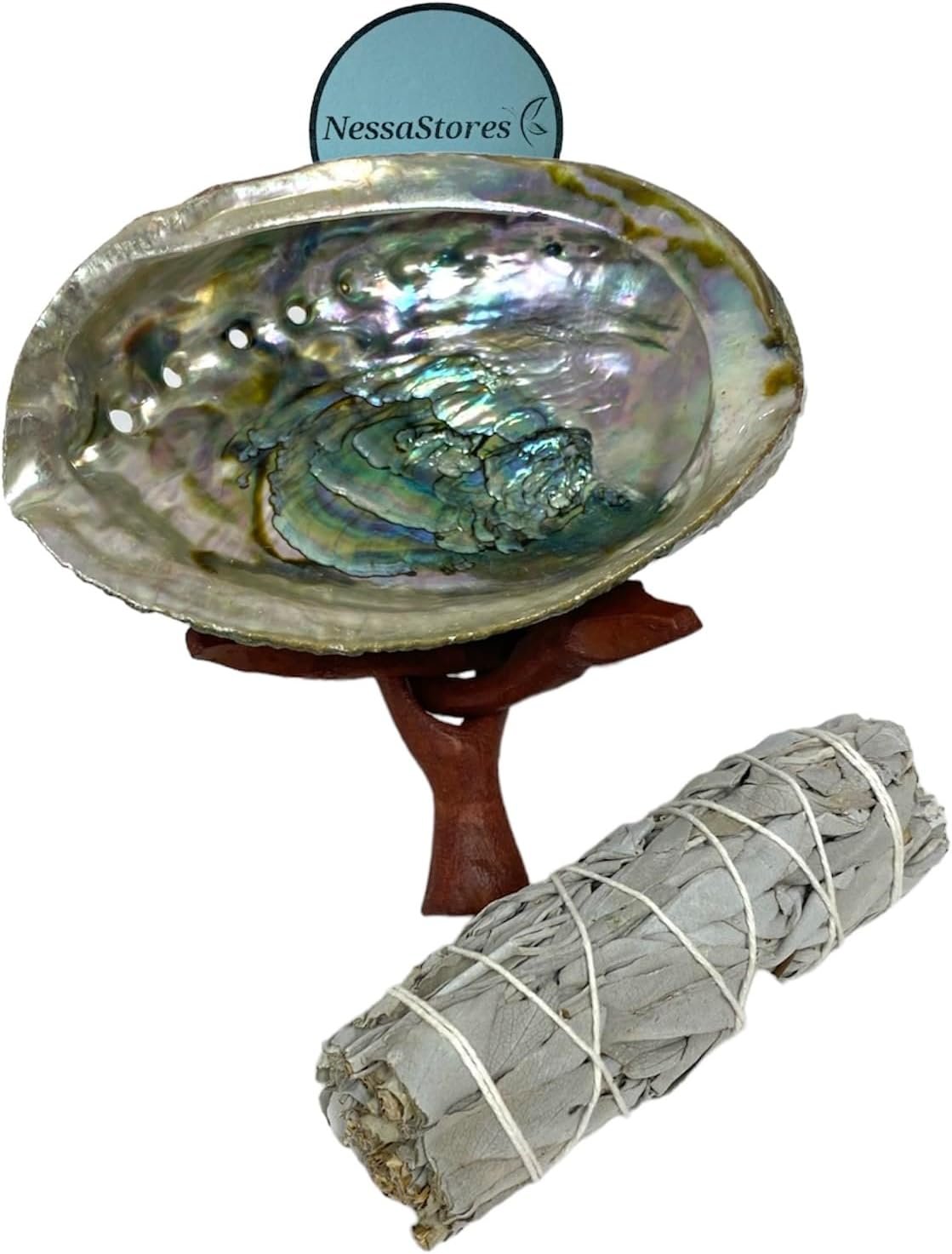 NessaStores 3 pc Sage Smudge Kit with 4″ White Sage, 4″-5″ Abalone Shell, & 4″ Tripod Stand | All Natural for Home Cleansing, Stress Relief, Meditation, and Removing Negative Energy. JC-211-D