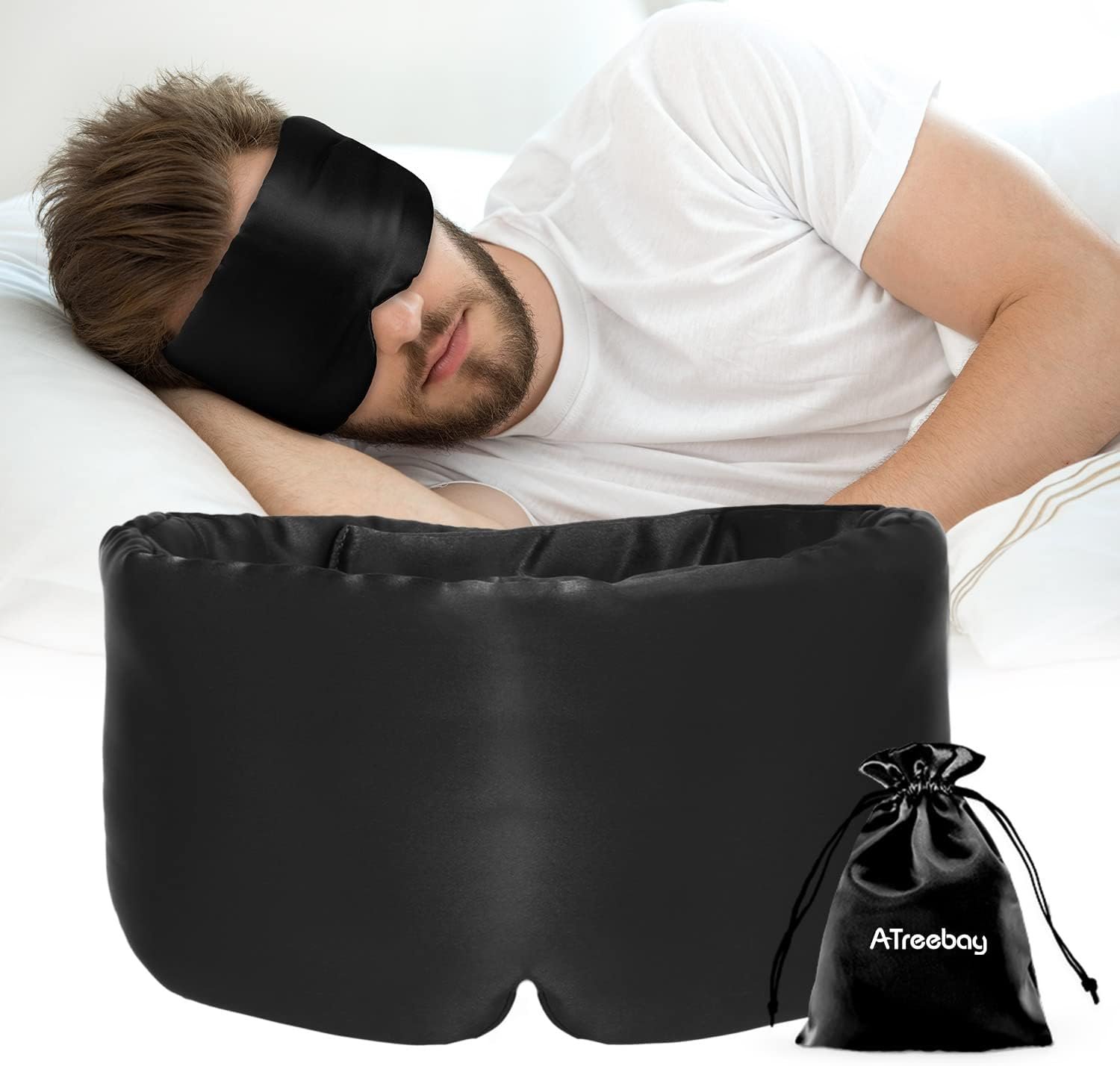 Silk Sleep Mask for Women Men, Mulberry Silk Eye Sleeping Mask & Blindfold with Adjustable Strap, Blackout Eye Cover for Sleep Travel Yoga Nap, Large Size, Black