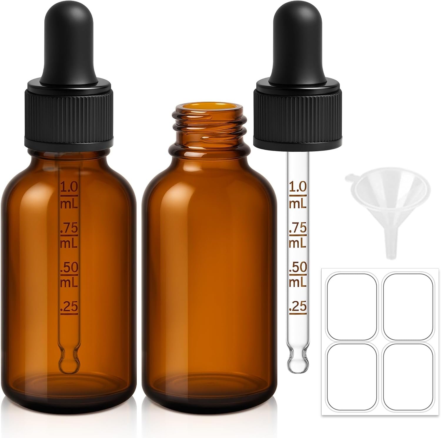 Bumobum Dropper Bottle 1 oz, 2 pack Amber Glass Eye Dropper Bottles with Labels and Funnel, Tincture Bottle with Measured Dropper – Leakproof Essential Oils Bottles for Health, Personal Care & Beauty